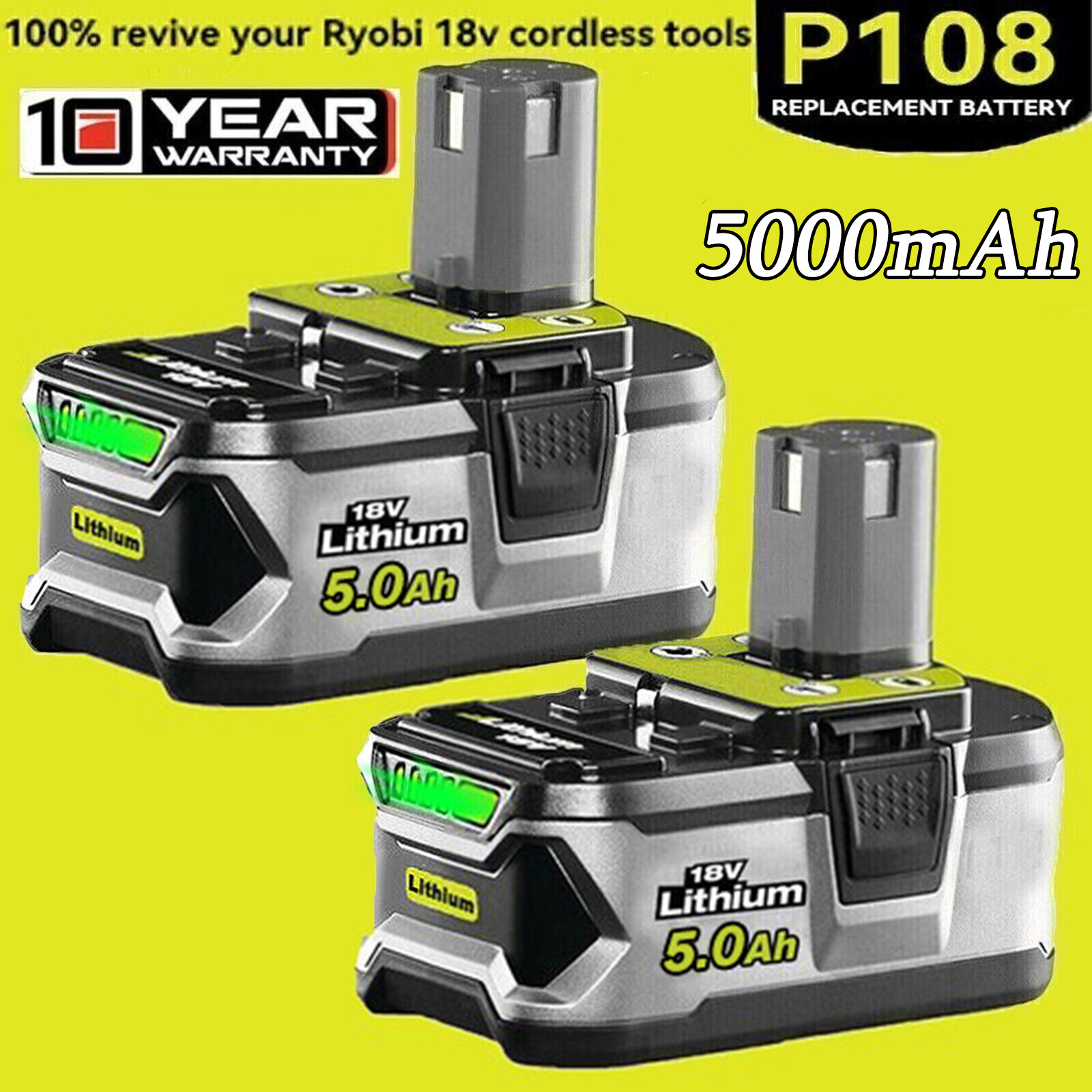 2PACK 5.0Ah For RYOBI 18V Battery One Plus High Capacity P108 Lithium-Ion P102