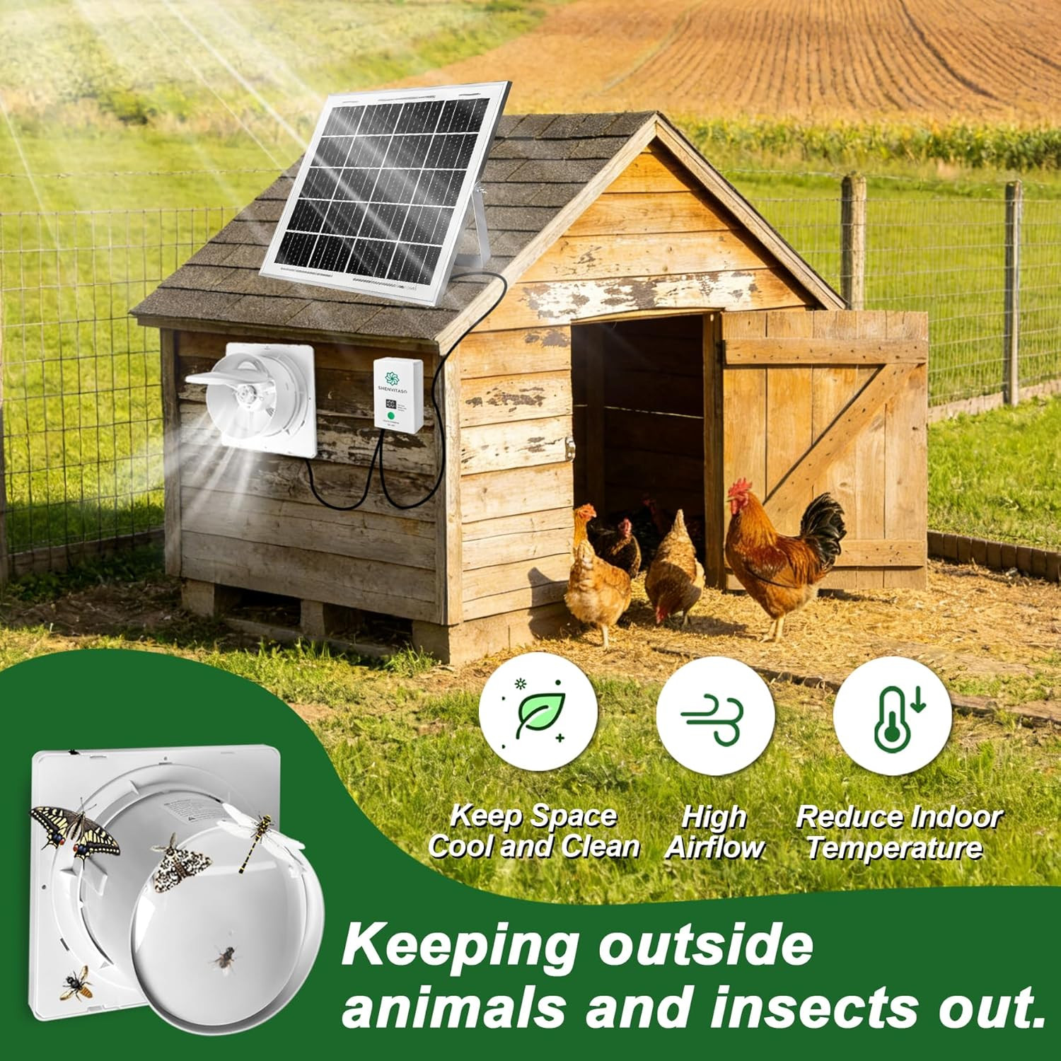 Solar Exhaust Fan with 7500Mah Battery & LCD Display, 25W Solar Panel Vent Fan f