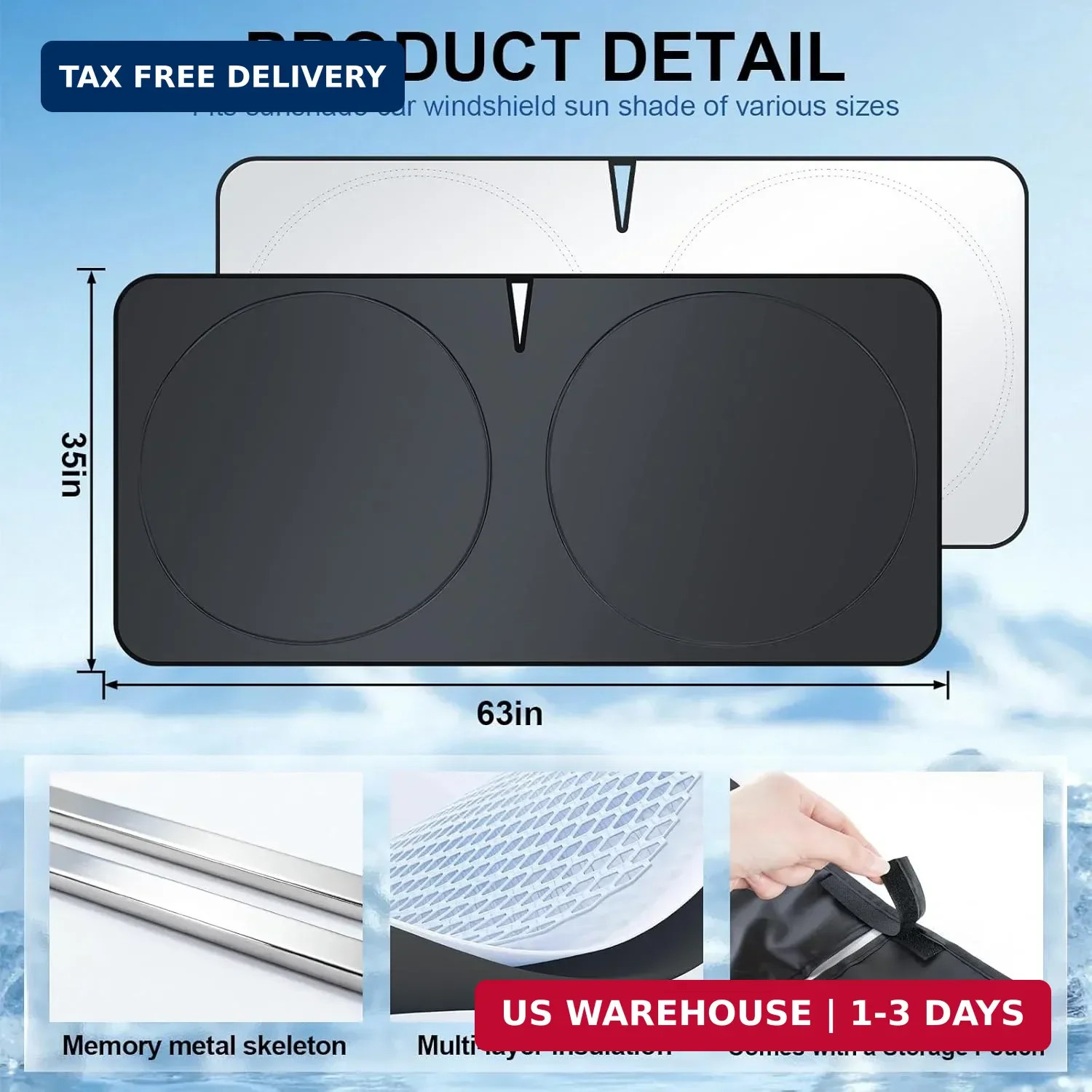 JUSTTOP Car Sun Shade Windshield – Foldable Sun Car Window Shield 300T Coated Si