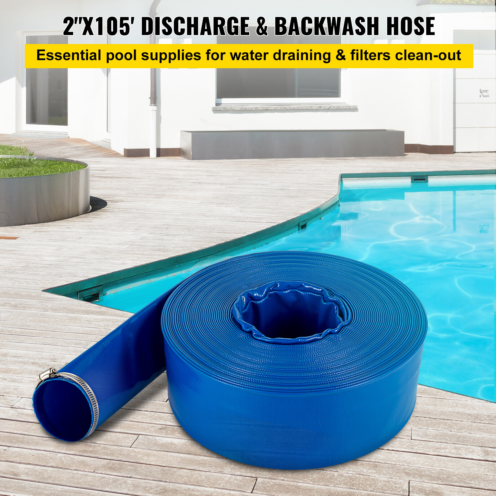 VEVOR Discharge Hose 2″x 105′ PVC Lay Flat Hose Backwash Drain Hose w/ Clamp