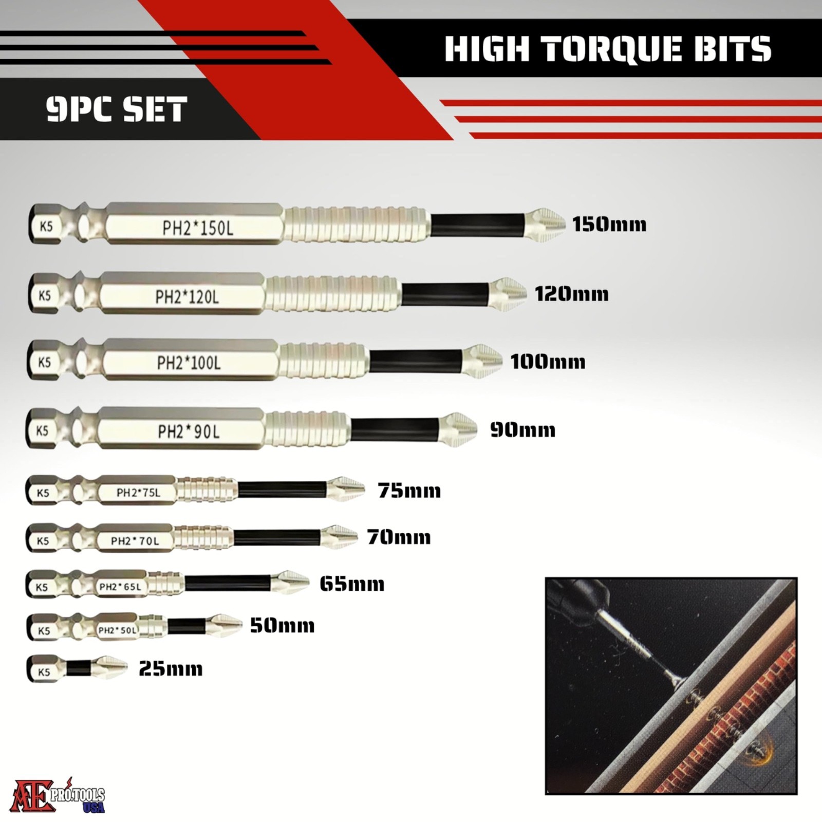 9 PC Anti-Slip Magnetic Screwdriver Drill Bit Set | K5 Alloy Steel Impact Drills