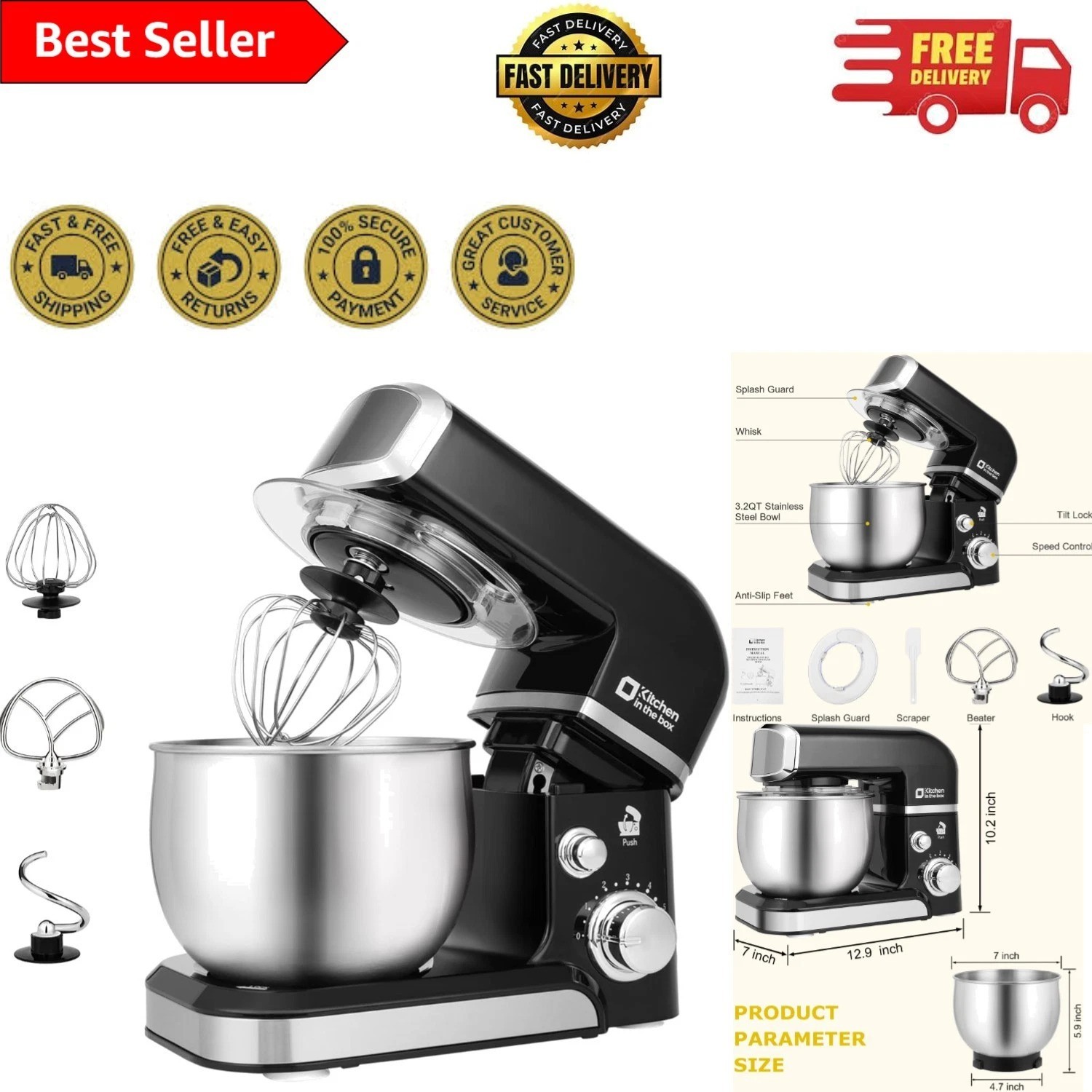 3.2Qt Black Stand Mixer with 6 Speeds & Easy Clean Dishwasher Safe Parts