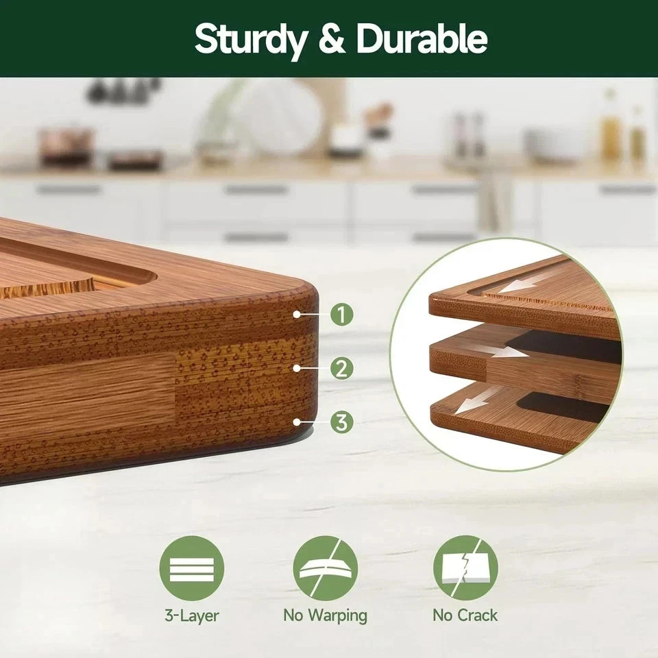 Cutting Board Bamboo for Kitchen Crack Resistant Wood Chopping Boards Set 3Piece
