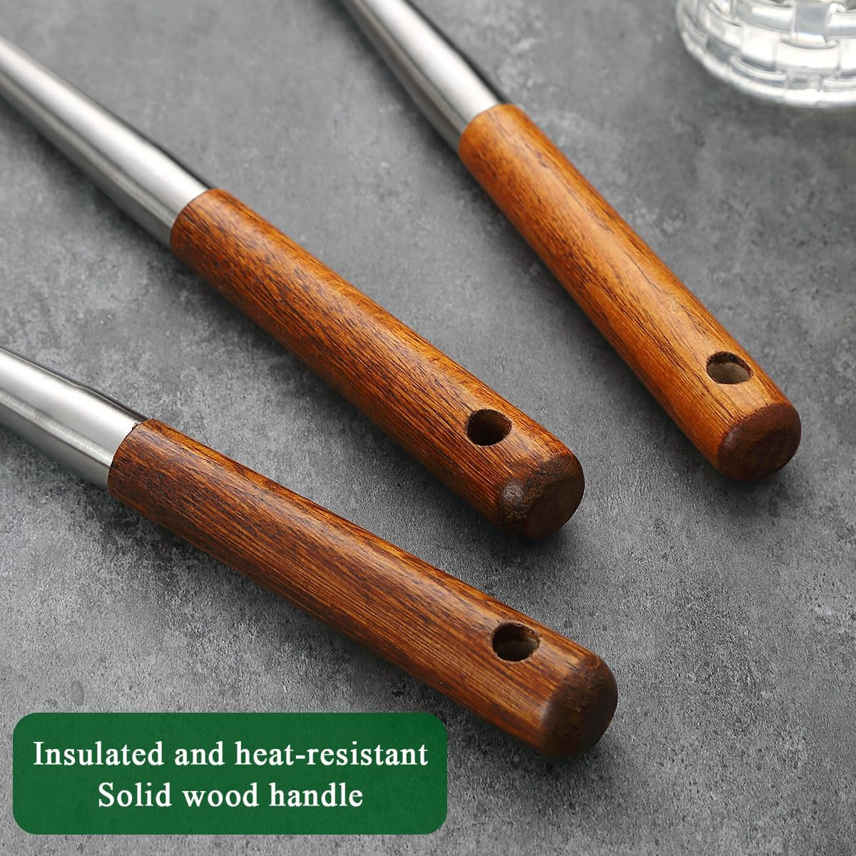 Wok Spatula Set 17″, Heat Resistant Wood Handle Stainless Steel Wok Tools, Ladle
