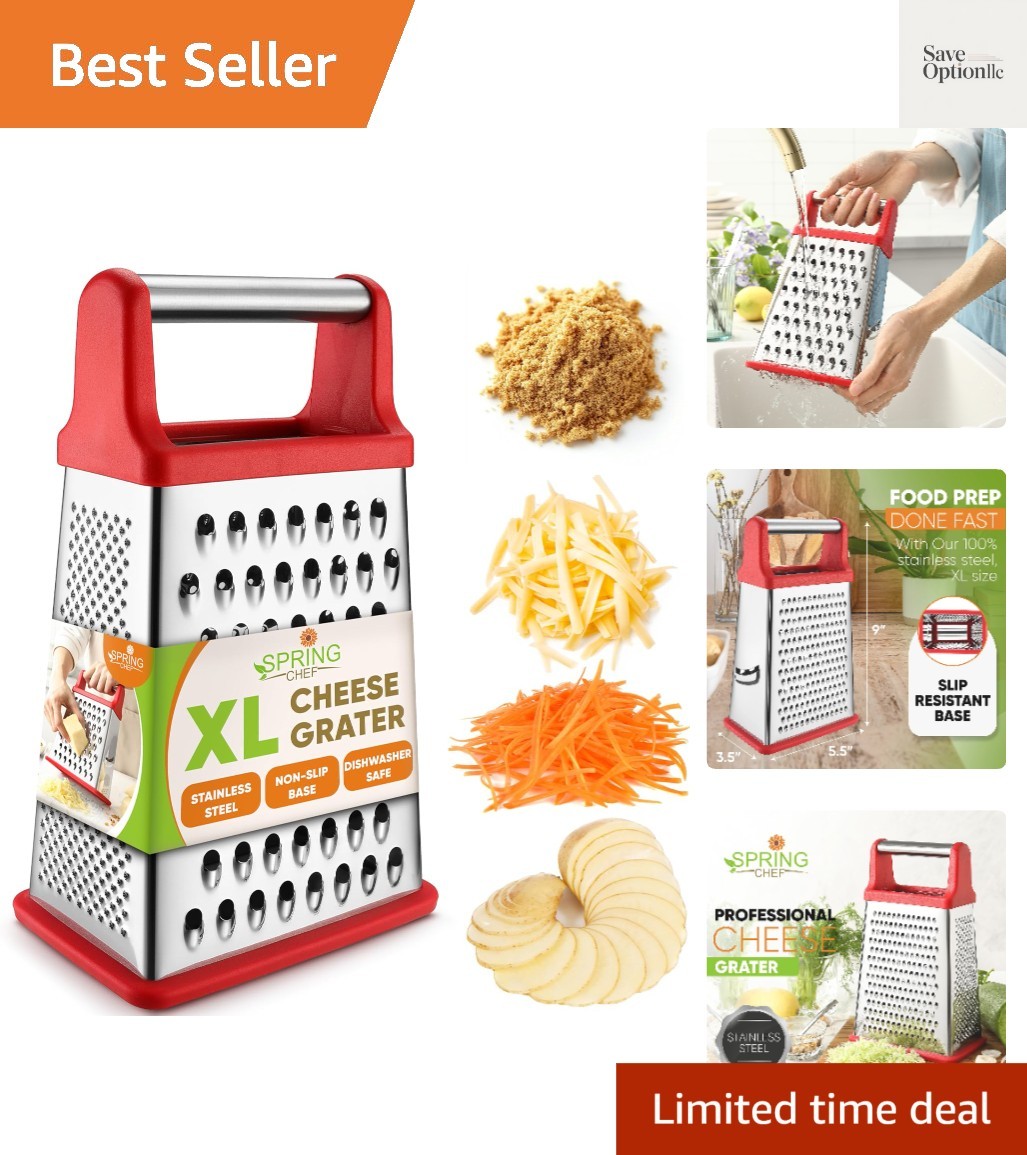 Stainless Steel XL Cheese Grater for Kitchen, Red | 4 Sided Manual Metal Box …