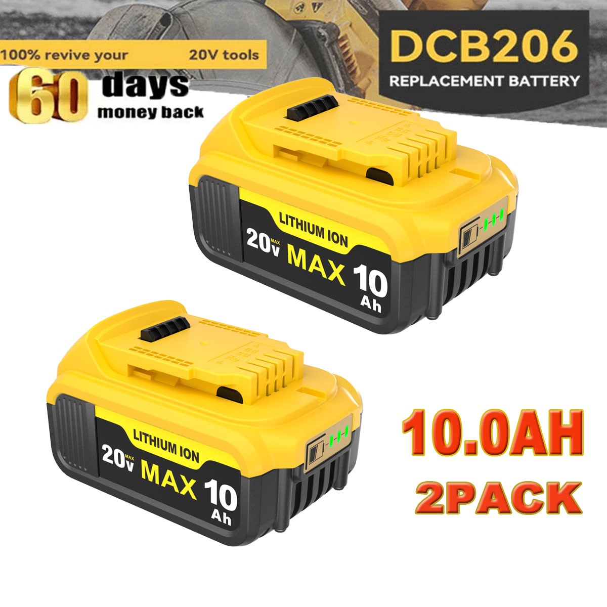 2Pack For De-Wa-lt 20V 20 Volt Max 10.0AH Lithium Ion Battery DCB206-2 DCB205-2