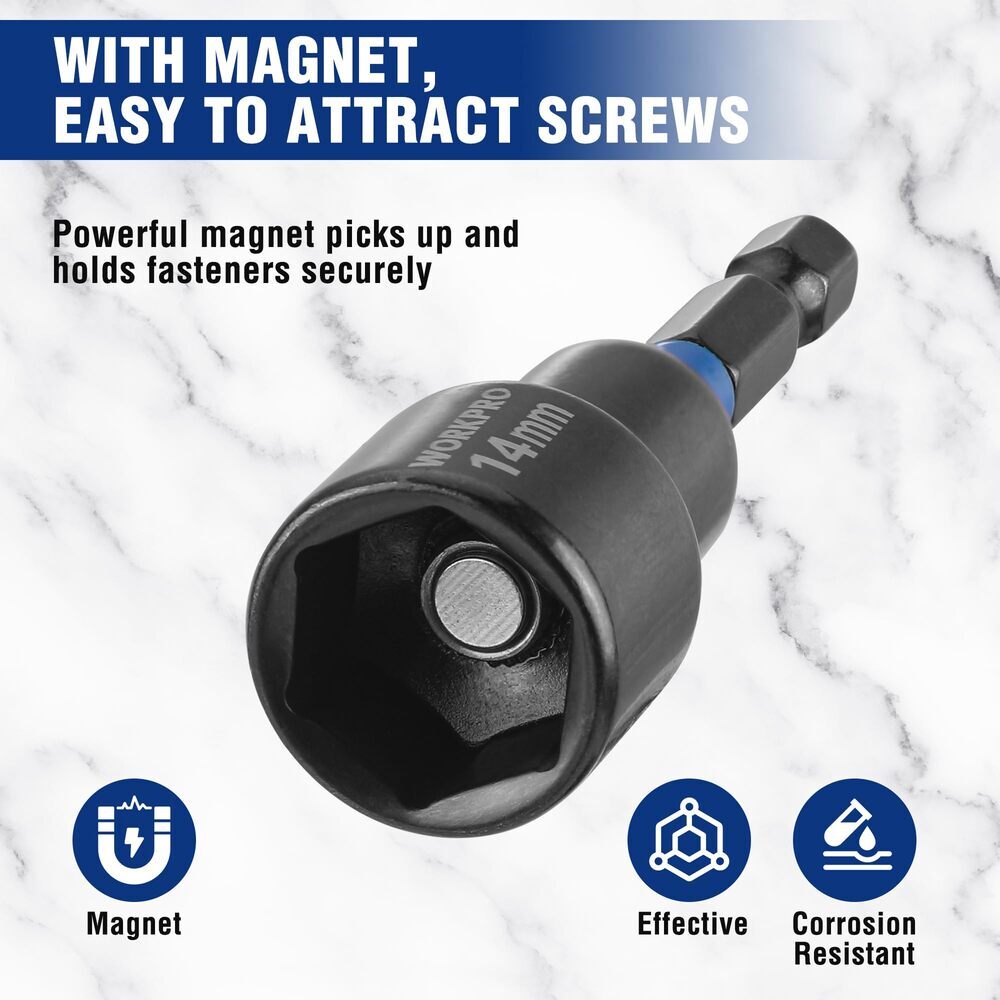 WORKPRO 39PC Magnetic Nut Driver Set Impact Drill Driver Bit 1/4″ Hex SAE&Metric