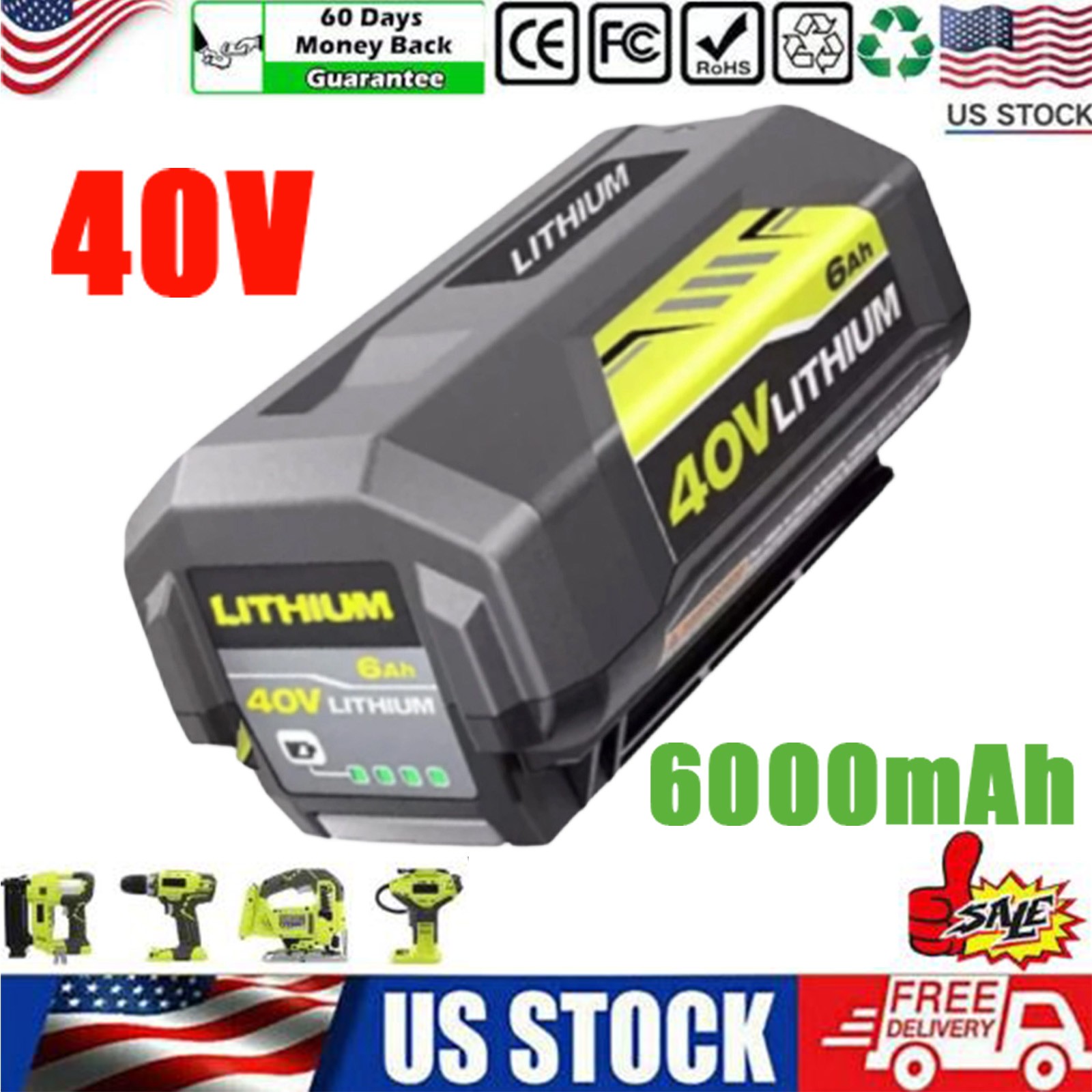 40V 6.0Ah Lithium Battery for Ryobi 40 Volt OP4050 OP40602 OP40261 OP4060 OP4030