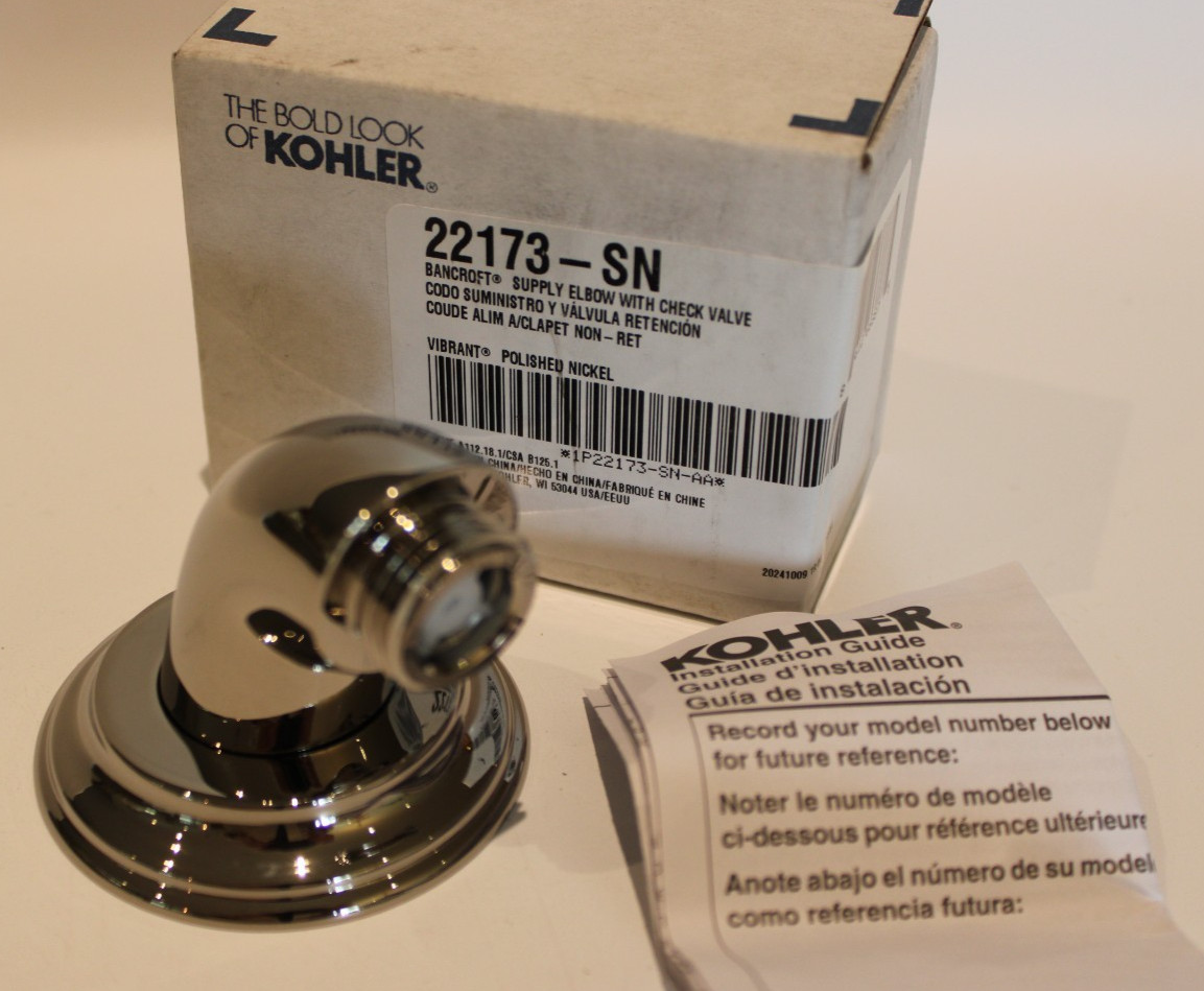 Kohler 22173-SN – Bancroft Supply Elbow w/ Check Valve – Vibrant Polished Nickel