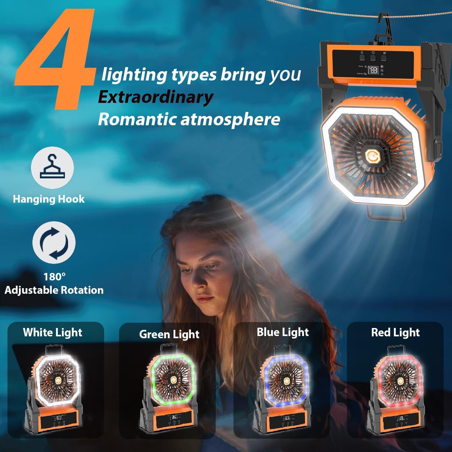 Up to 96hours Battery Portable Camping Fan with 20000mAh Rechargeable Power Bank