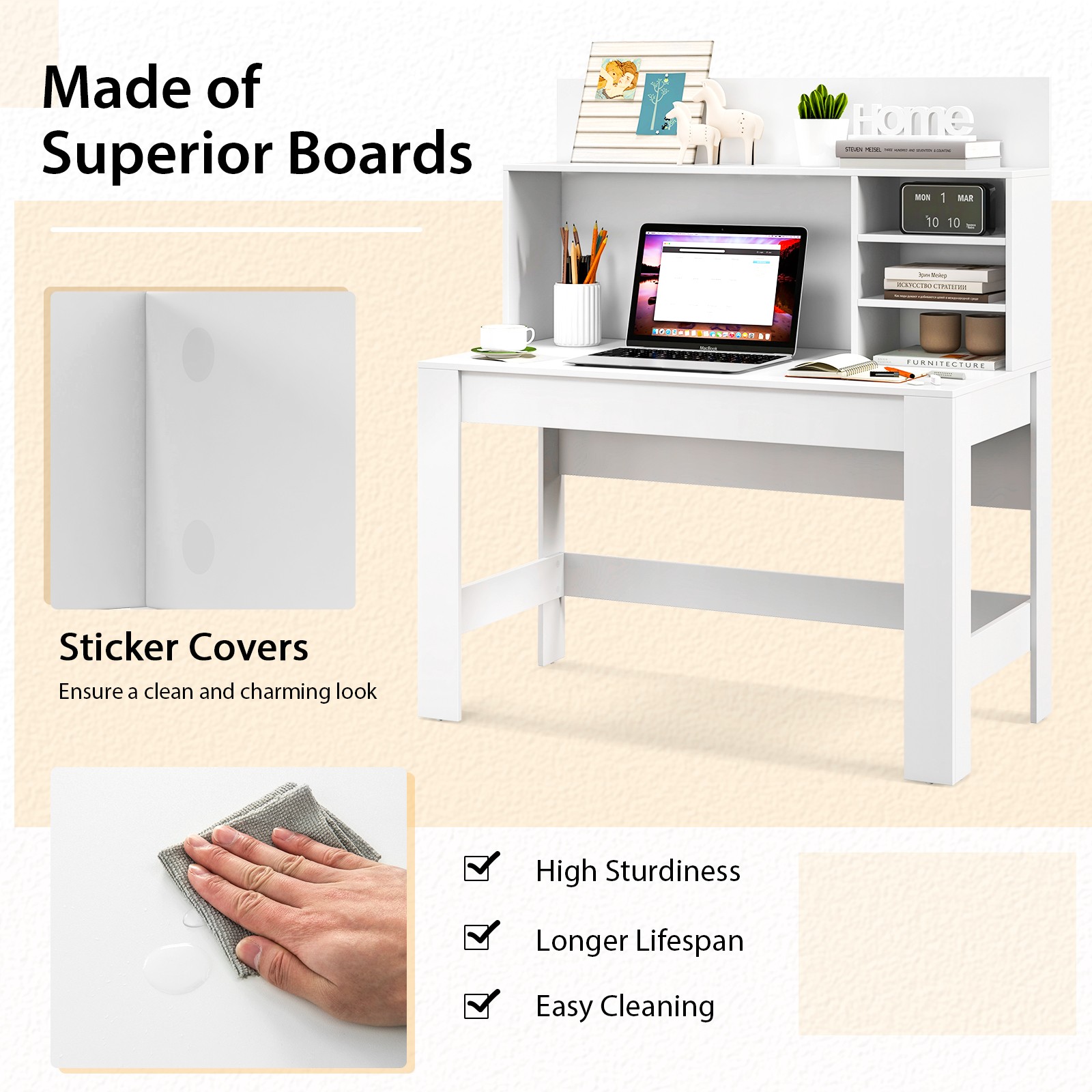 Home Office Computer Desk Study Table Writing Workstation Hutch Cable Hole White