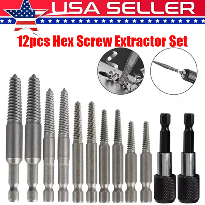 12Pcs Stud Screw Extractor Remover 1/4 Inch Hex Shank Damaged Bolt Easy Out Tool