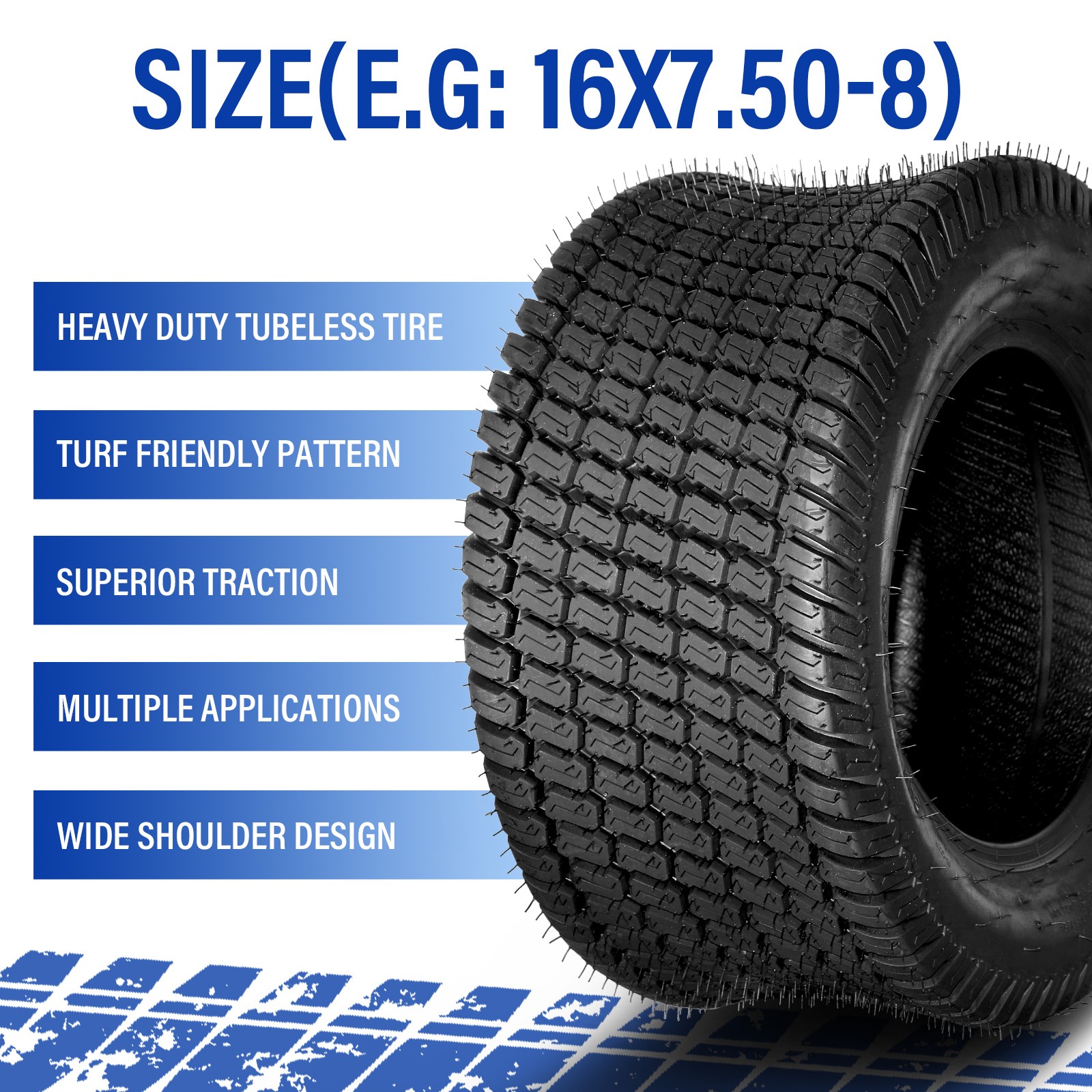 2pcs 16×7.50-8 Lawn Mower Tractor Turf Tires 4 Ply Rated 16×7.5-8 Tubeless