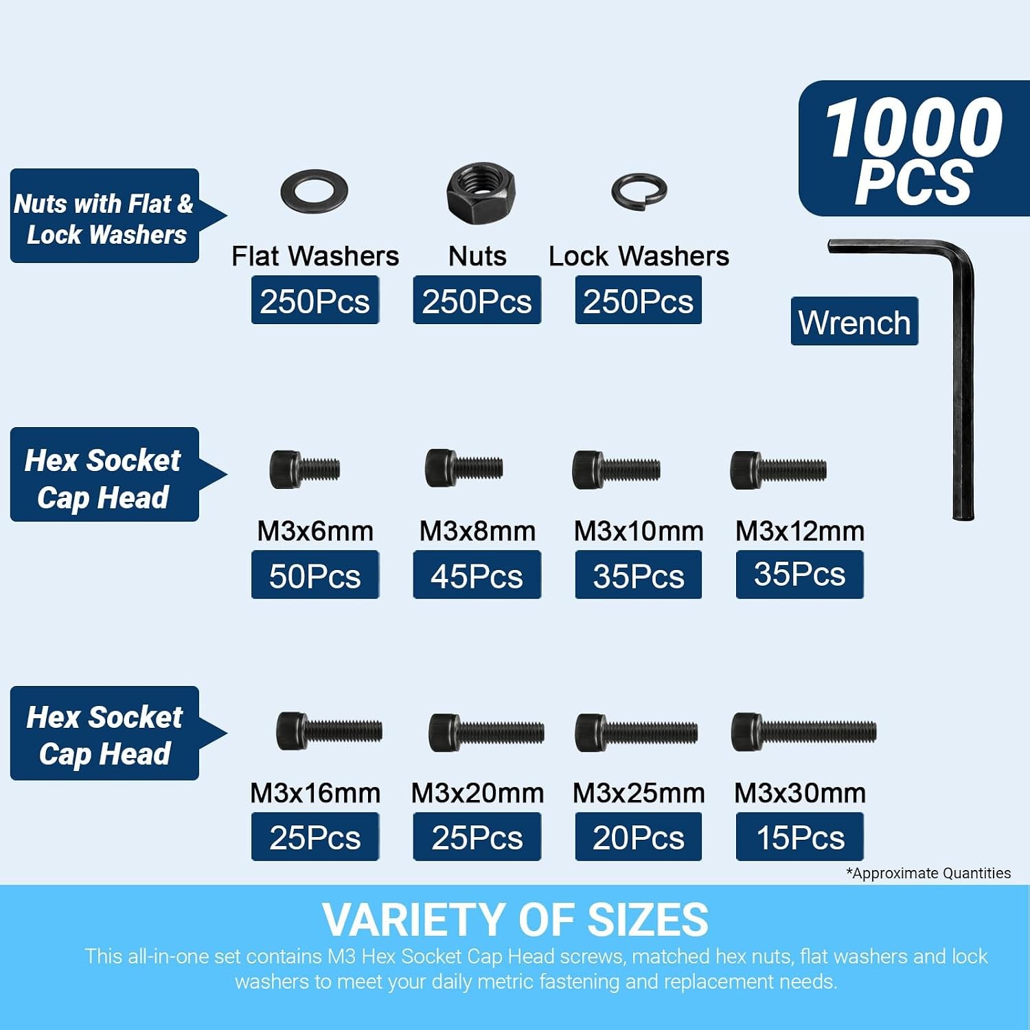 1000Pcs M3 Hex Socket Head Cap Screws Bolts Nuts & Washer Assortment Kit(6-30mm)