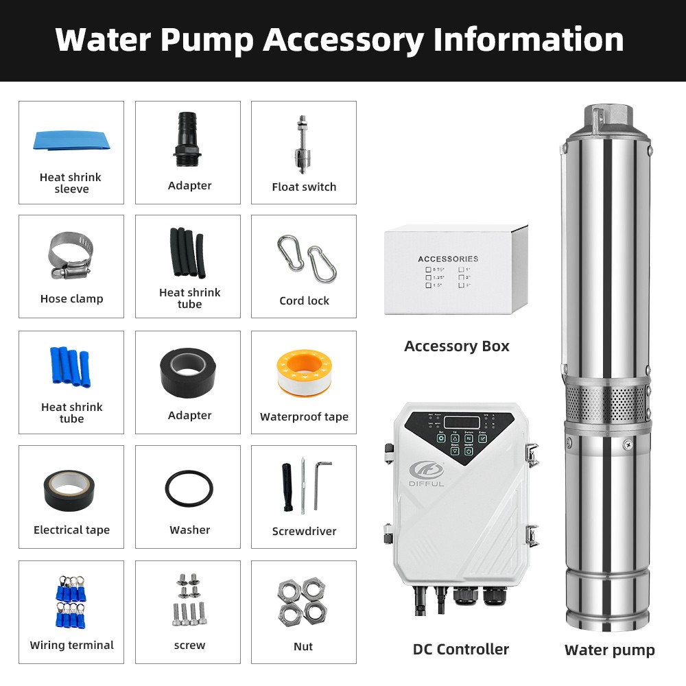 US STOCK DIFFUL 4inch 48V 0.8HP AC/DC Solar Water Pump Livestock MPPT Controller
