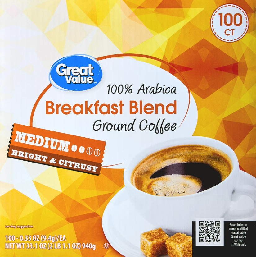 Great Value Arabica Breakfast Blend Coffee Pods Medium Roast 100 Count