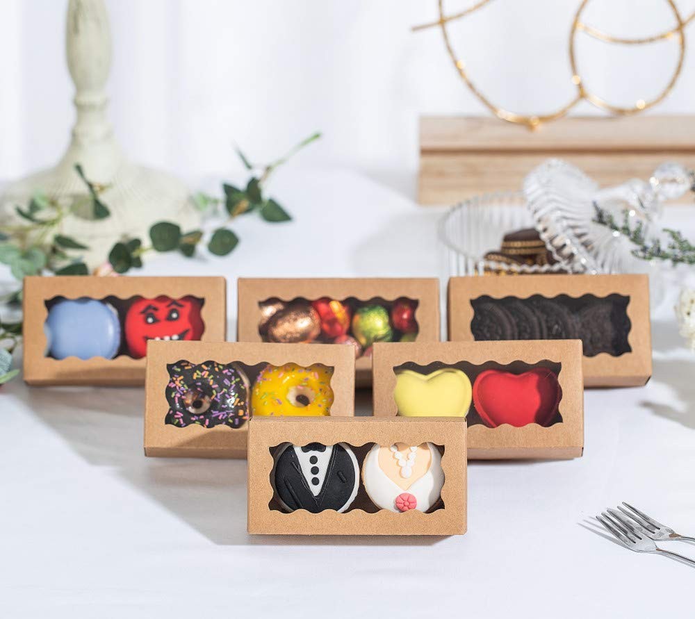 24 PCS Brown Macaron Boxes 4.17×2.16×1.37 Inch Clear Window Candy Treat