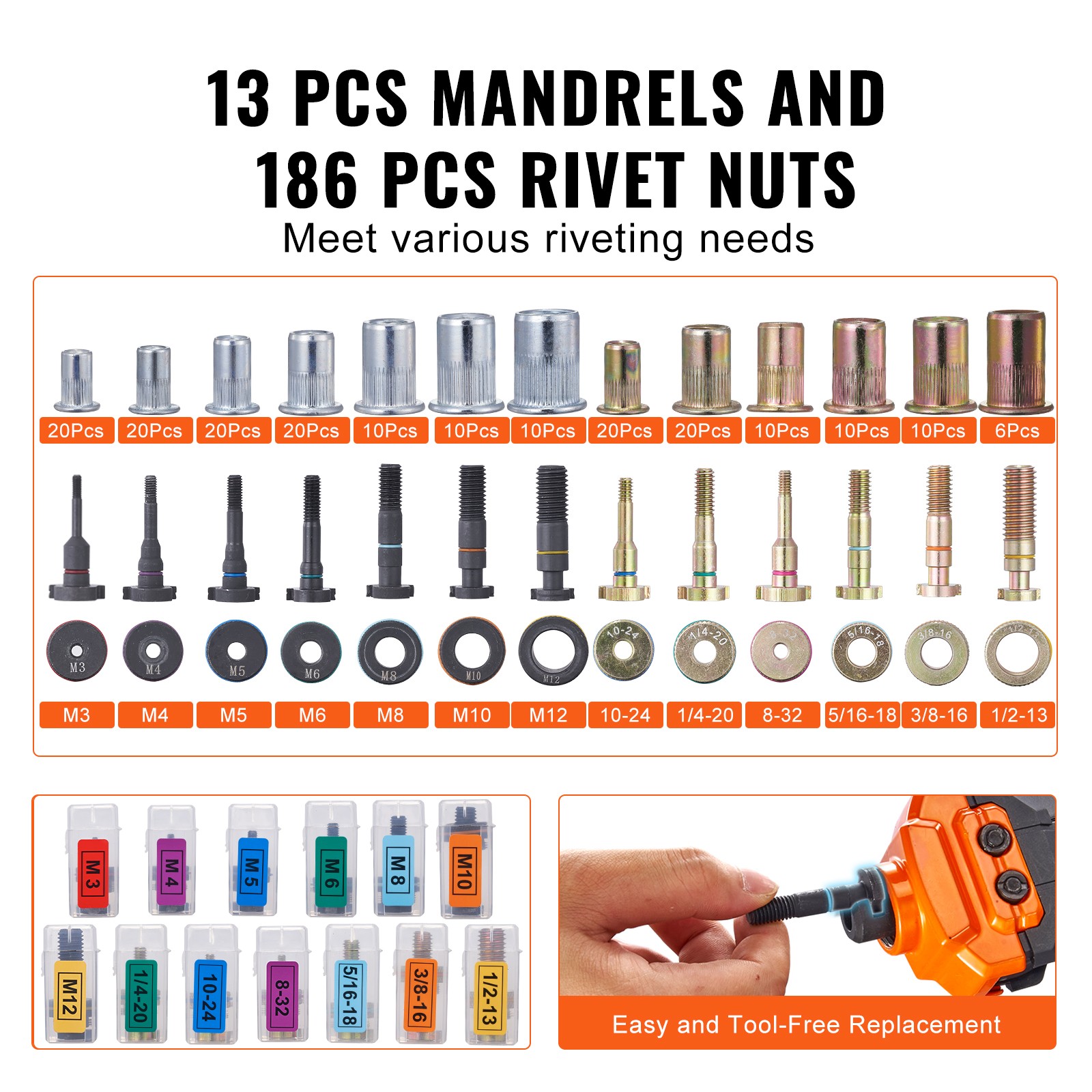 VEVOR Rivet Nut Tool 16in Rivnut Tool Kit 13 PCS Mandrels and 186 PCS Rivet Nuts