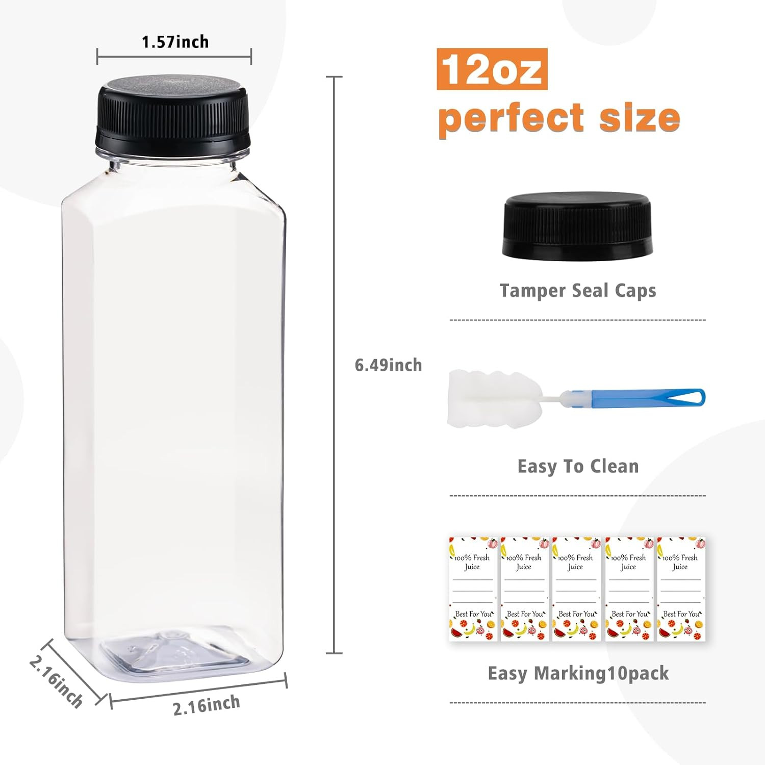 10 Pcs 12oz Plastic Juice Bottles With Caps, Reusable Food Grade Chear Juice Con