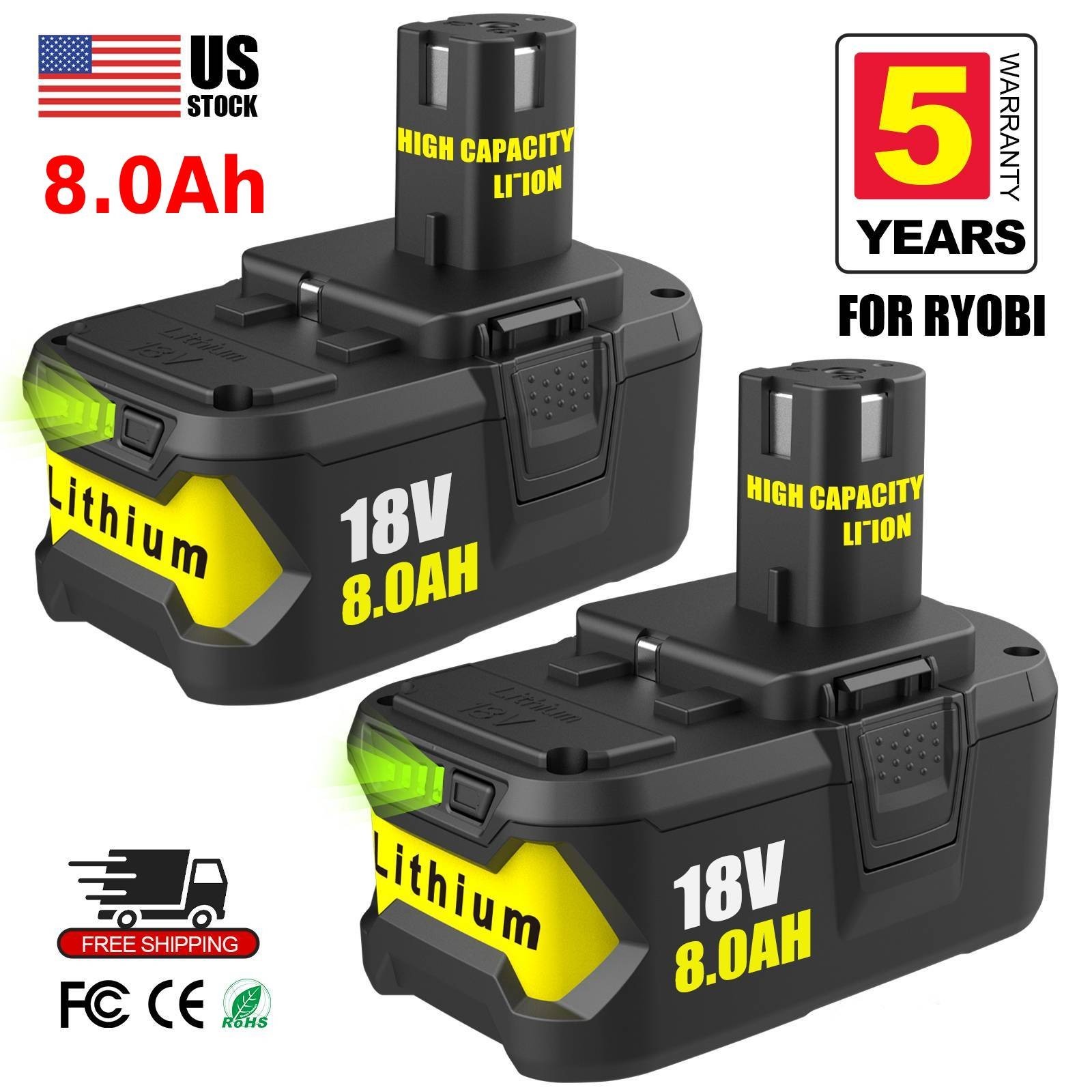 2 Pack 18V 8.0Ah Lithium Ion Battery for Ryobi 18V One P108 P107 P109 P102 P103