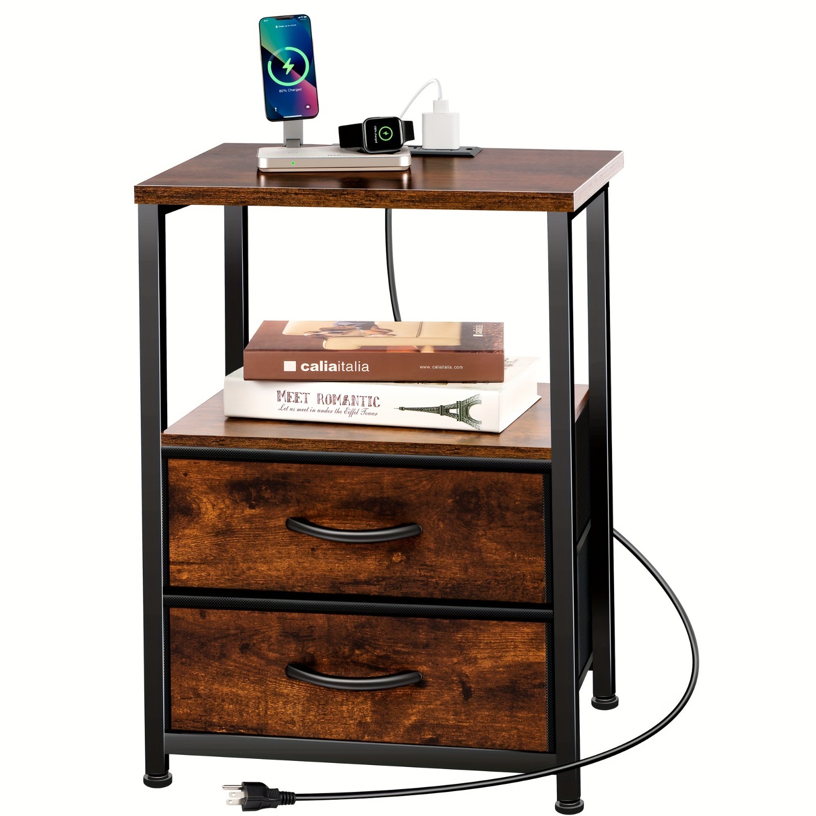 Led Nightstand with Charging Station 2 Drawers Night Stand Black Bedside Table