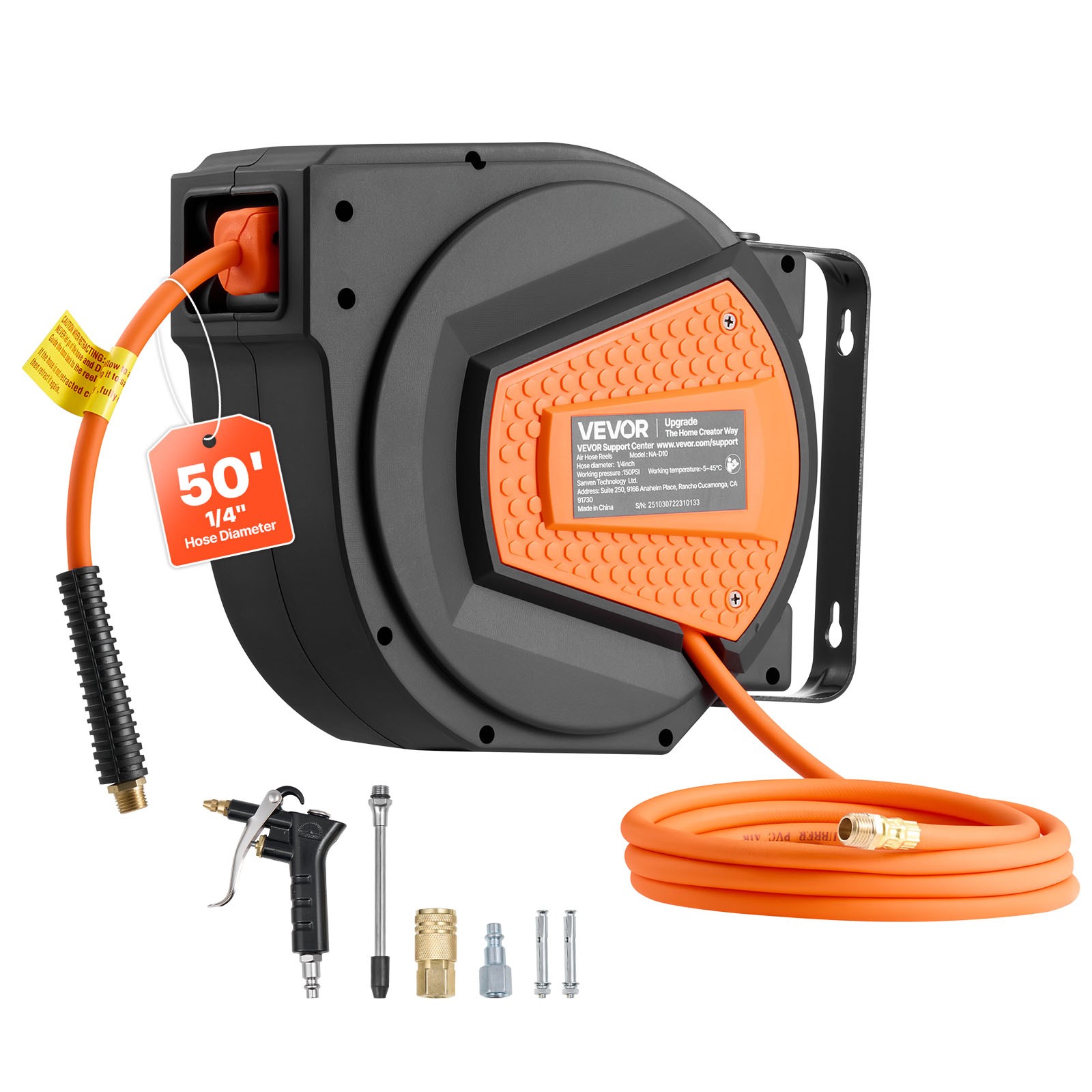 VEVOR Retractable Air Hose Reel 50 FT x 1/4 Inch Hybrid Air Hose Max 300 PSI