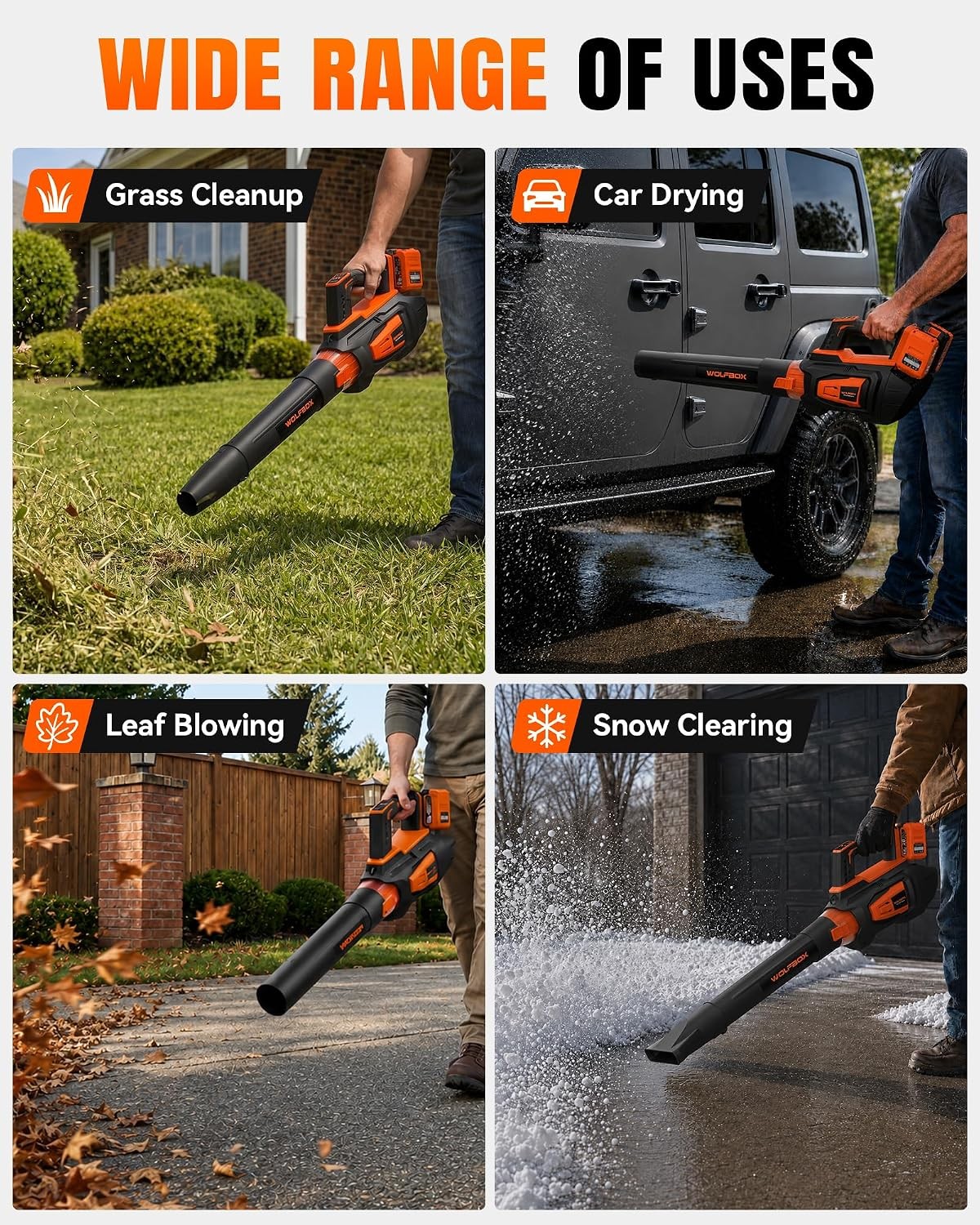 WOLFBOX MT600 Cordless Leaf Blower 620 CFM 150 MPH 2 Batteries Dual-Port Charger