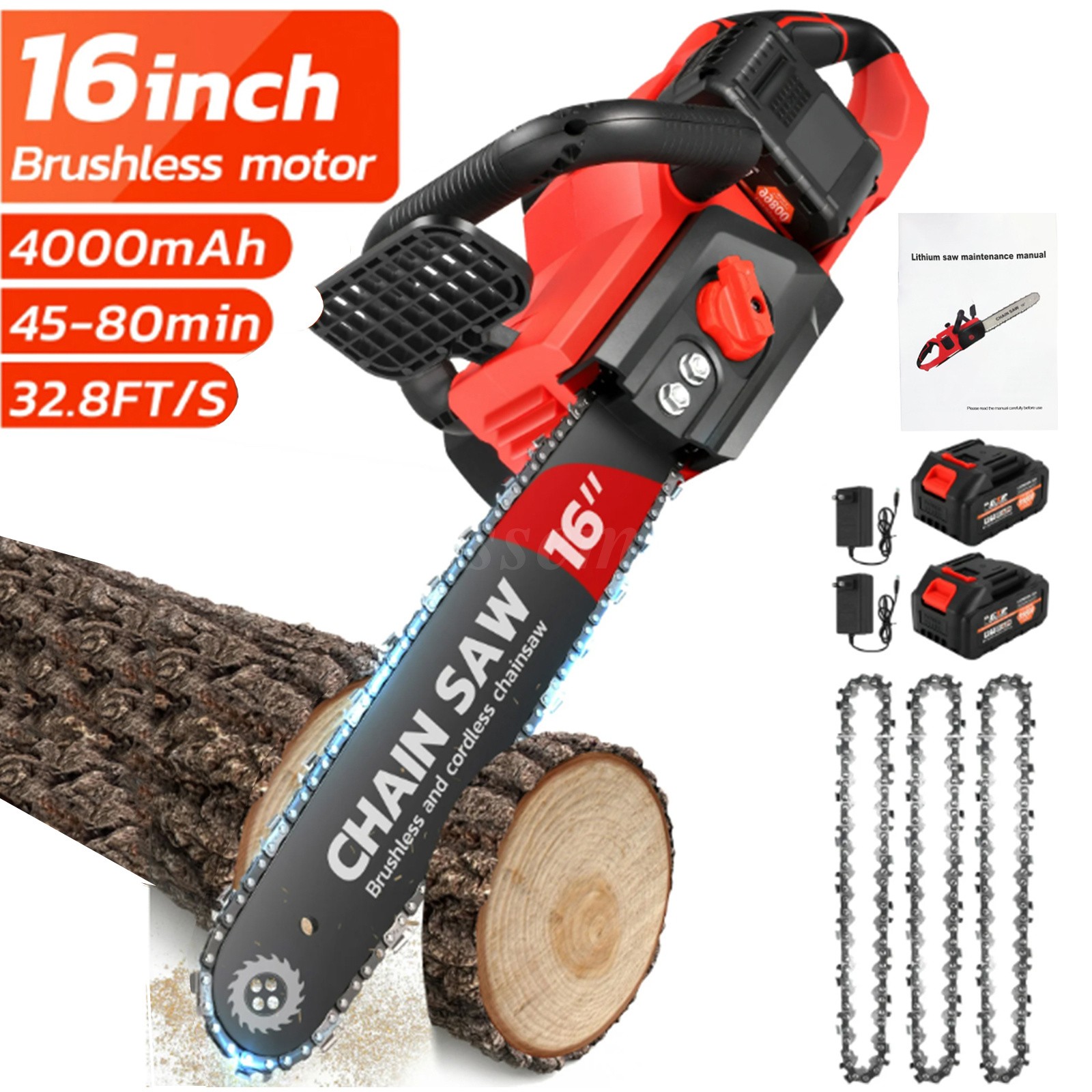 16″ Cordless Electric Chainsaw 42V Brushless Handheld Chain Saw 2Battery&Charger