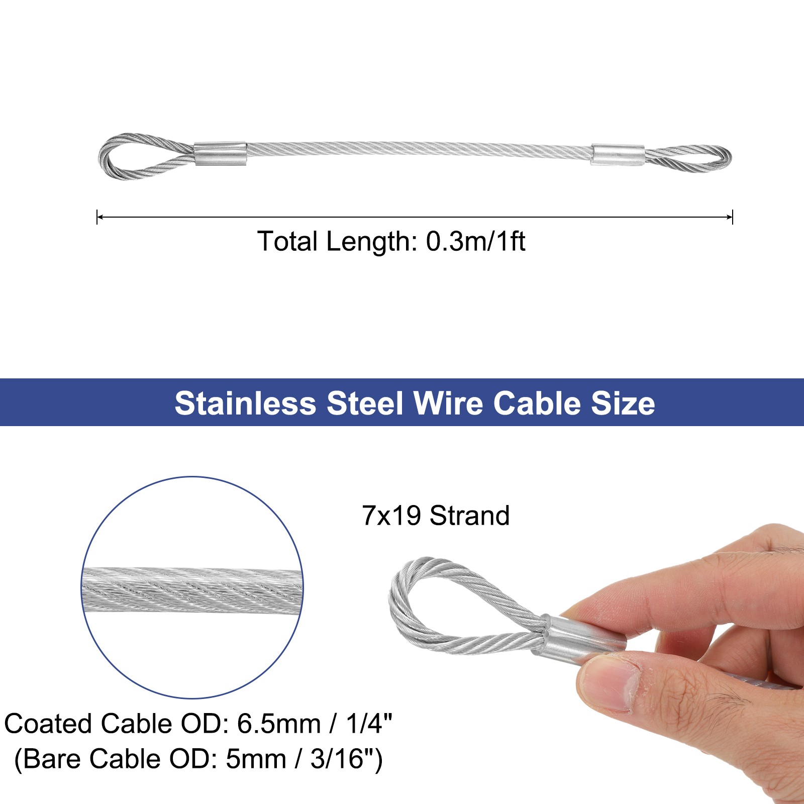 3/16″ 1ft 304 Stainless Steel Cable Wire Rope 7 x 19 PVC Coated Looped Ends