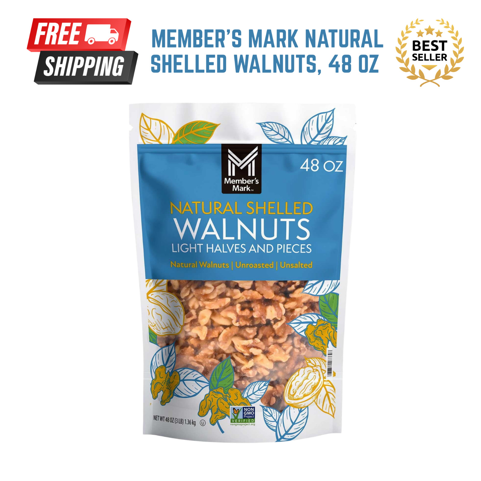 Member’s Mark Natural Shelled Walnuts, 48 oz. 3 lb Light Halves & Pieces, SELECT
