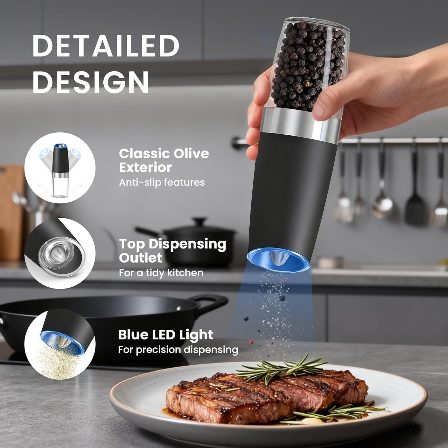 Gravity Electric Salt & Pepper Grinder Set 2 Pack Battery Powered LED – Silver.