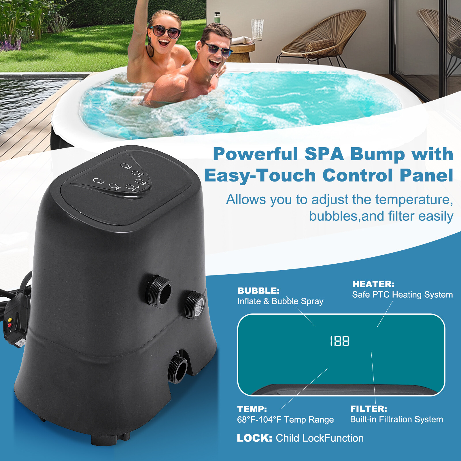 Docred 2 Person Portable Inflatable Hot Tub Spa w 100 Air Jet for Patio Backyard