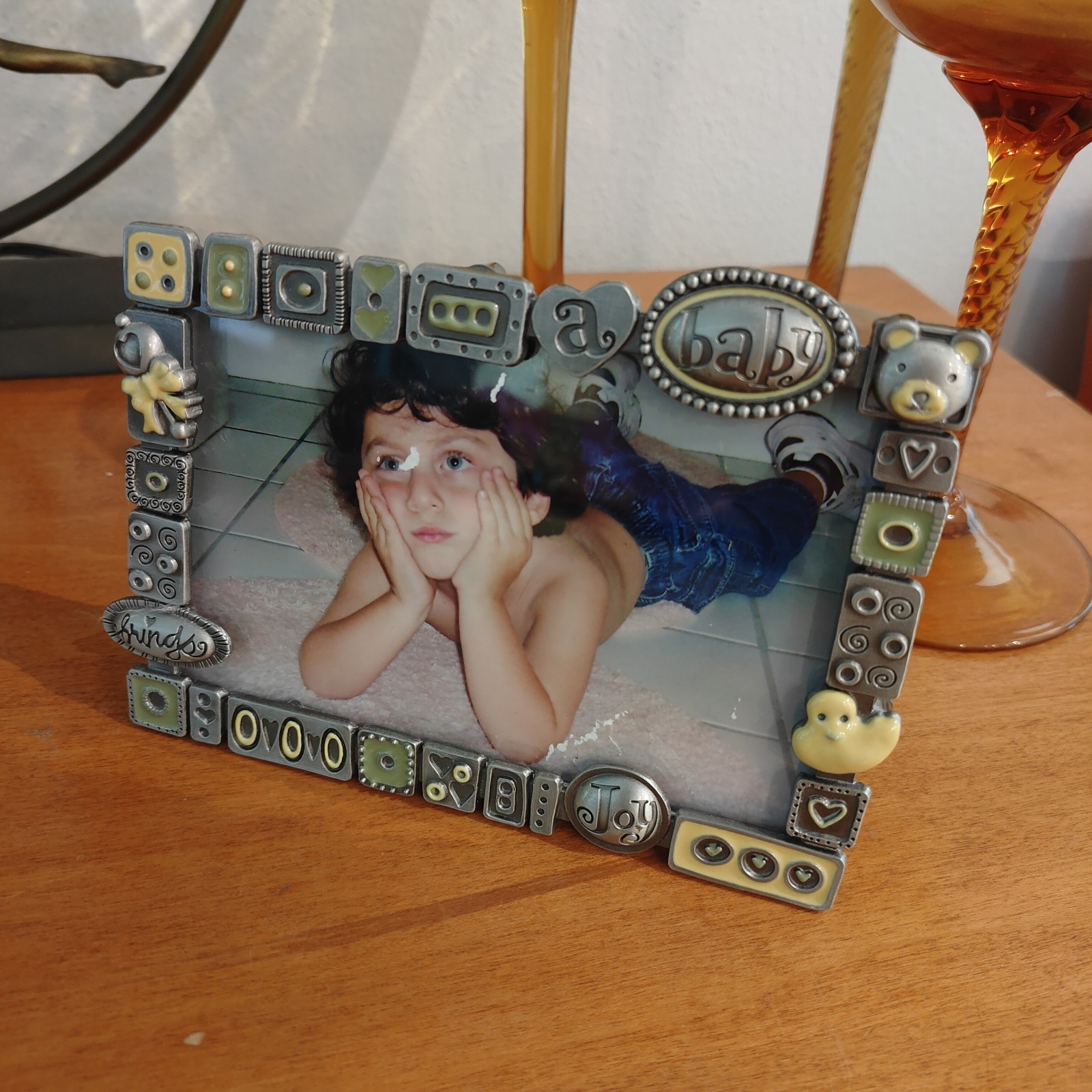 FETCO Pewter & Enamel “Baby Brings Joy” Unisex Photo Frame 4×6 Baby Nursery