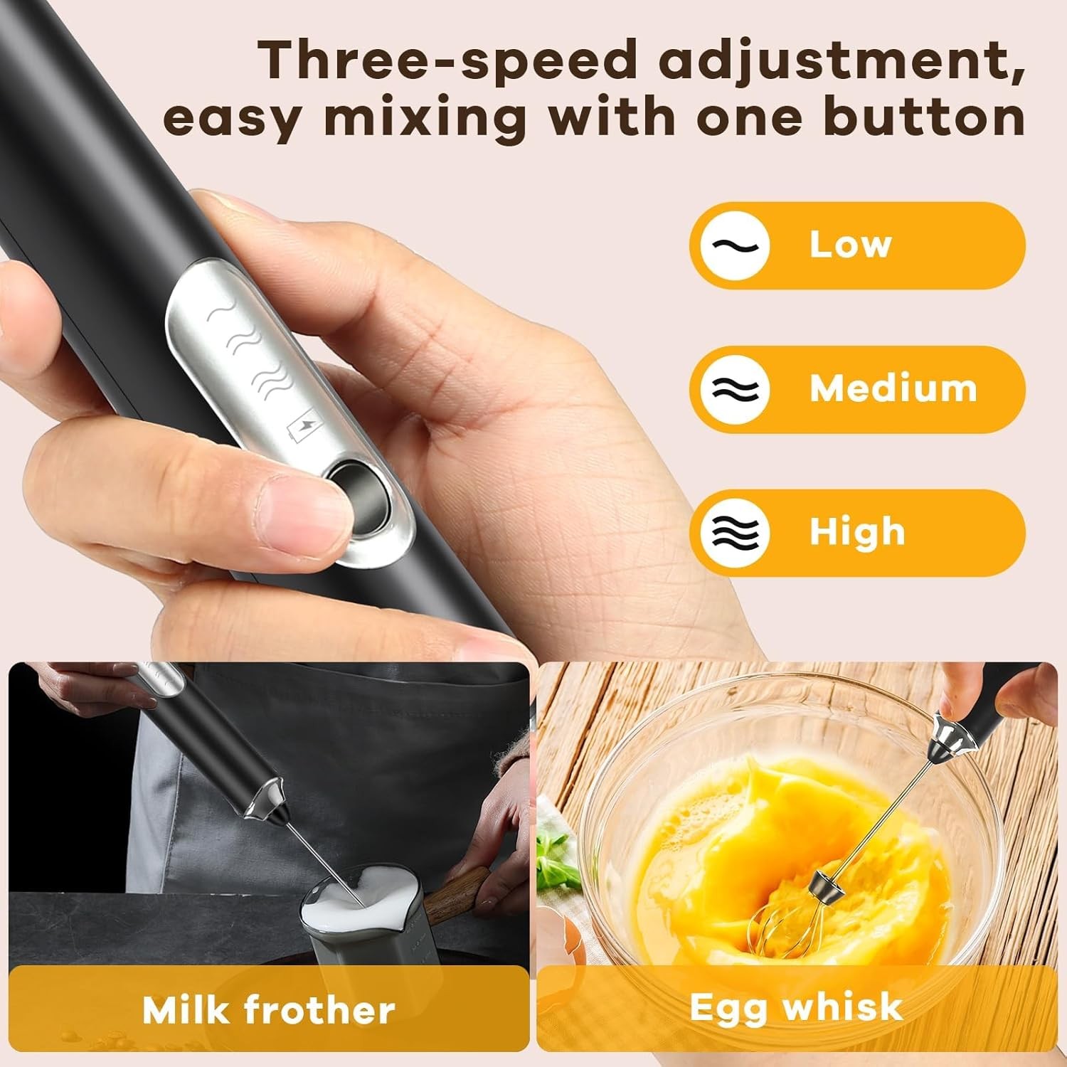 Rechargeable Handheld Milk Frother with 3 Heads & 3 Speeds, Detachable