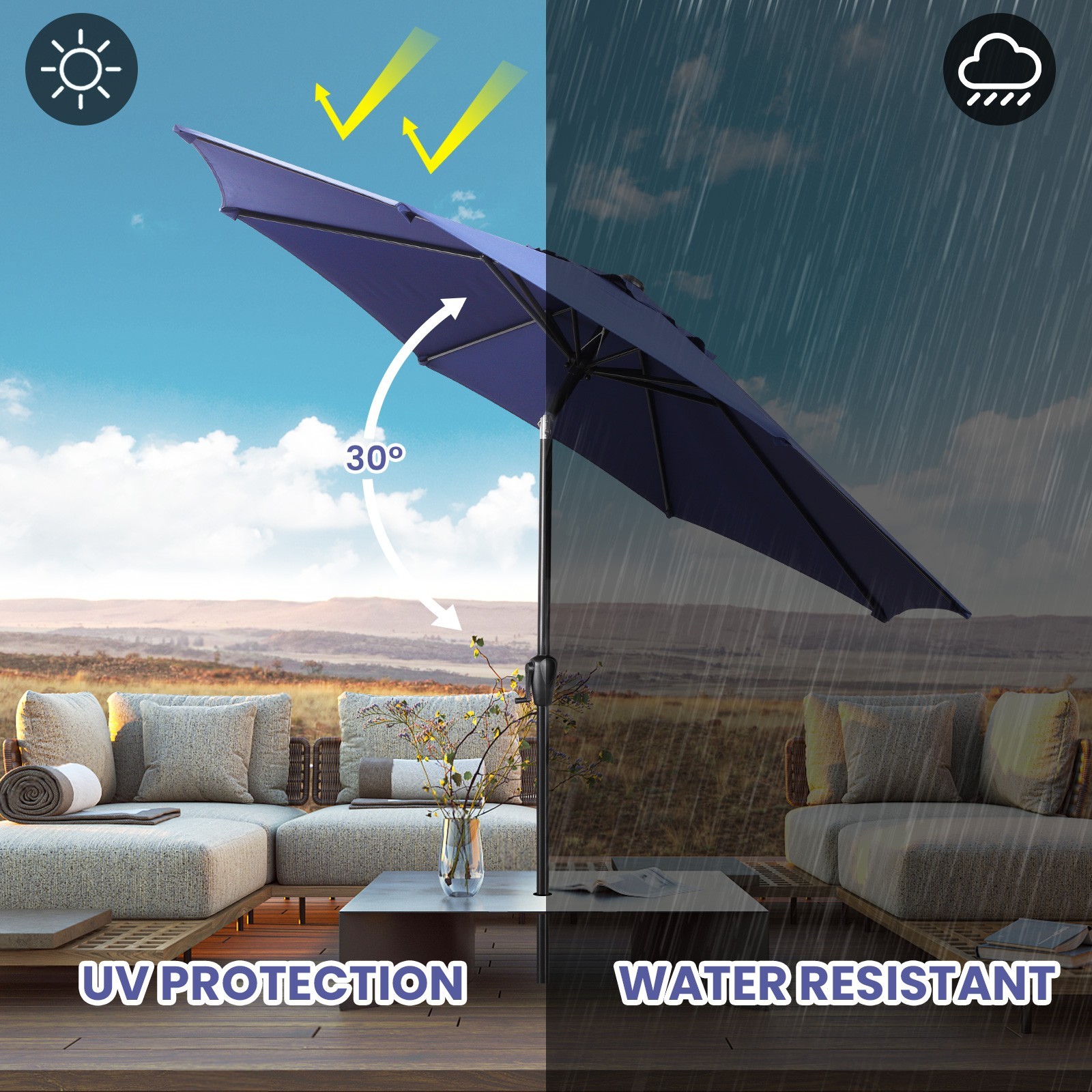 Sun-Ray 9′ Round Patio Umbrella with Push-Button Tilt & Crank Lift, Multi Colors