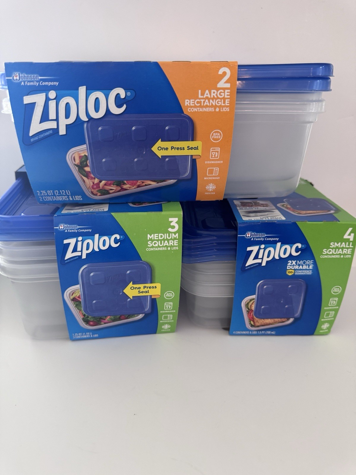 9 SETS Ziploc One Press Seal Large Rectangle/ Med Square/ Sm Square Containers