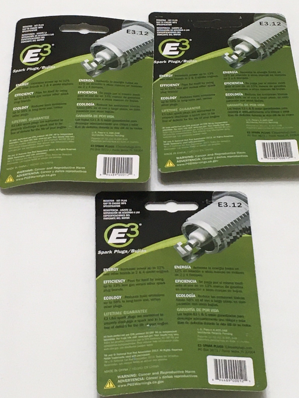 3-Packages of E3 Spark Plug E3.12 Lawn & Garden Small Engines Sealed Package