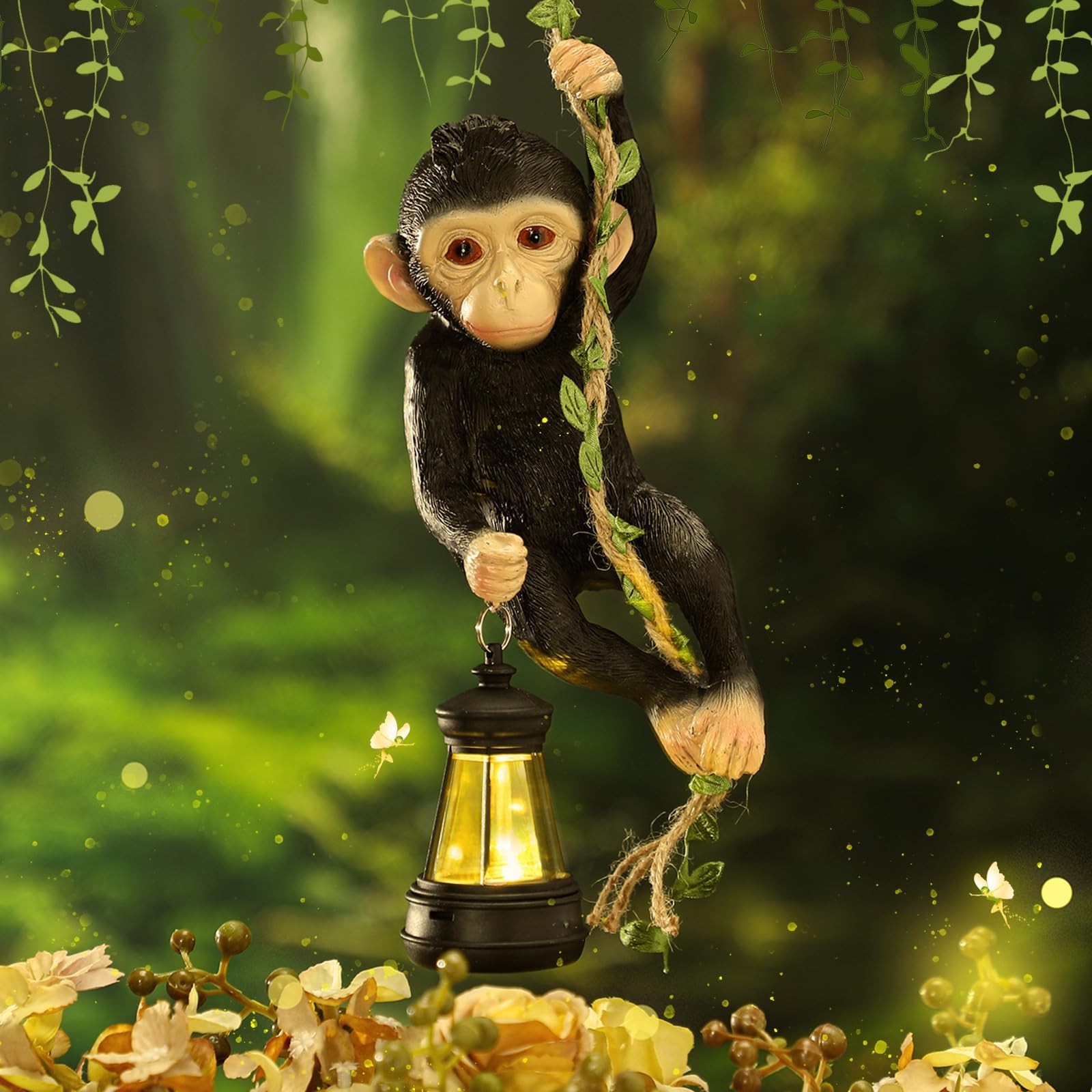 Solar Light Outdoor Monkey Statues Black 7.48 Inch Resin Chimpanzee Baby Monk…