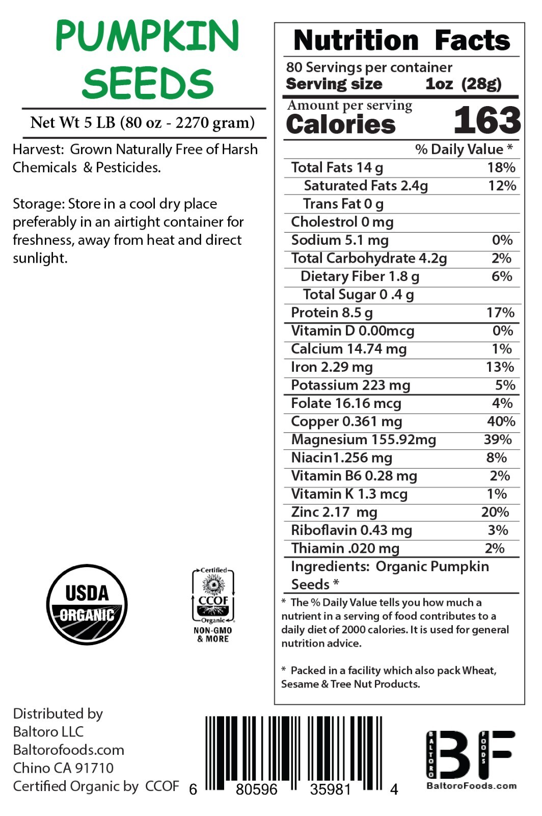 Organic Pumpkin Seeds Pepitas – Raw, Non-GMO, No shell Unsalted Vegan Bulk Fresh