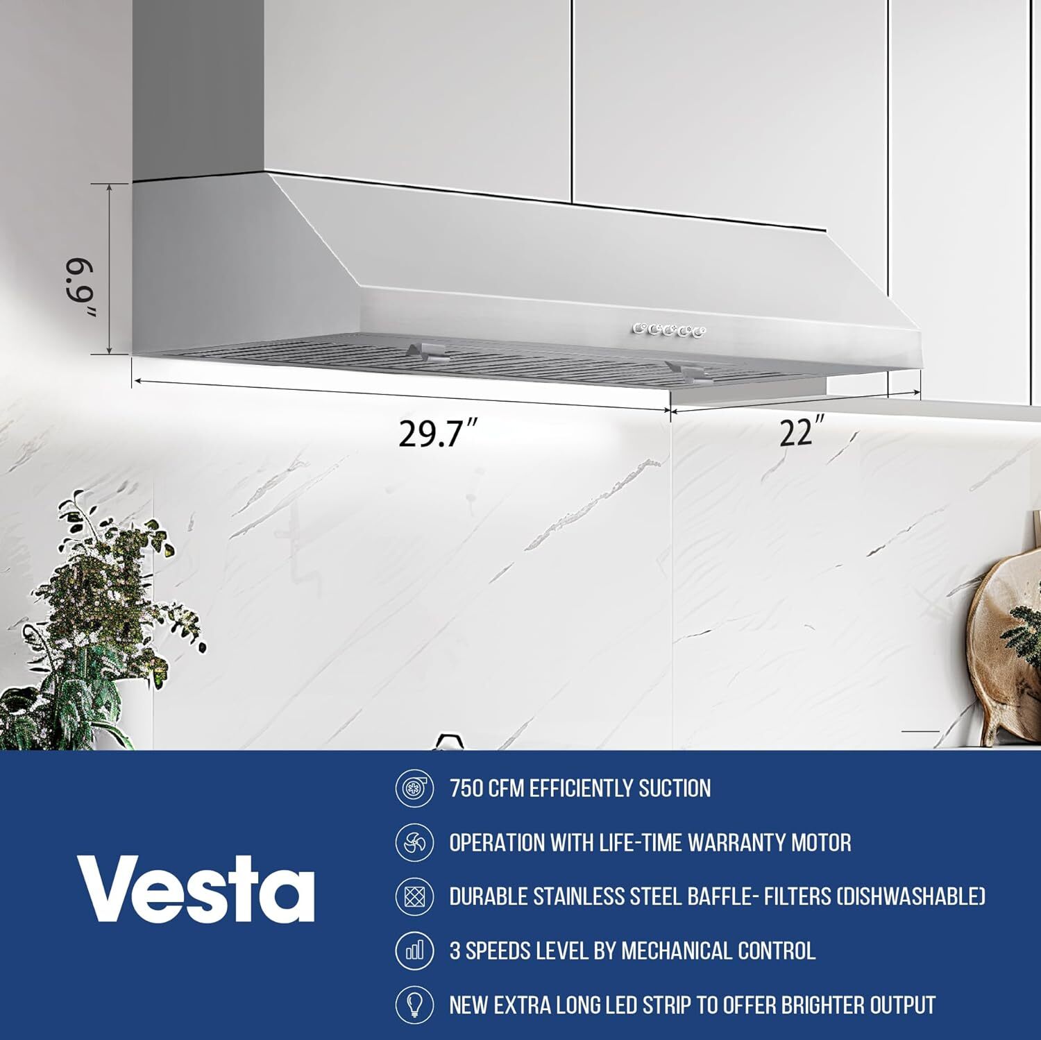 VESTA Chicago 750CFM Powerful 30” Under Cabinet Range Hood