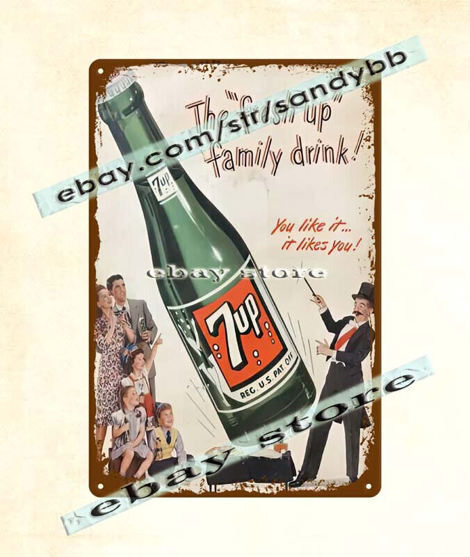 1947 7-UP Soda pop drink bar cafe wall decor metal tin sign automotive signs