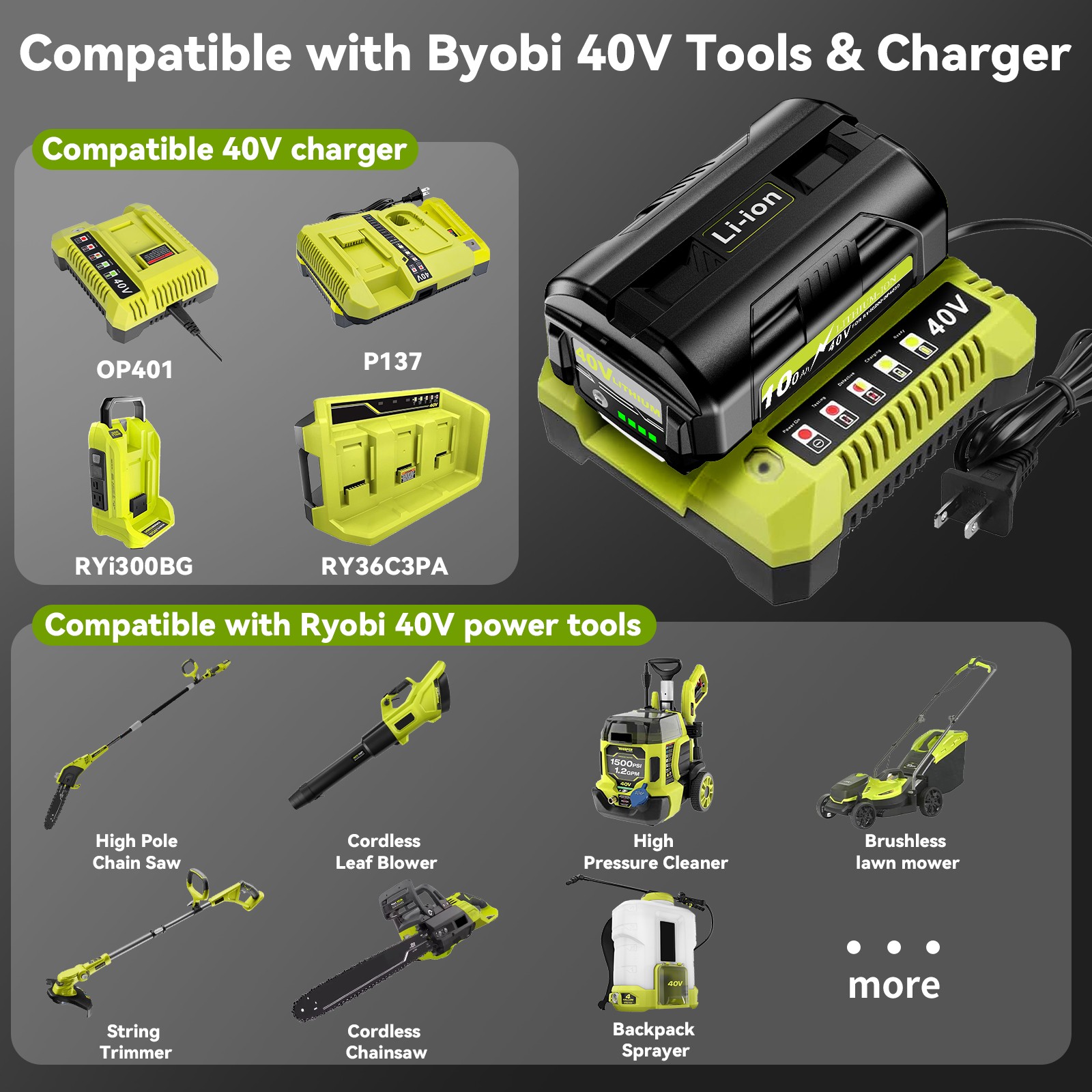 For Ryobi 40V Battery 10.0Ah OP4060 OP4030 OP4050 OP40602 Battery/Charger