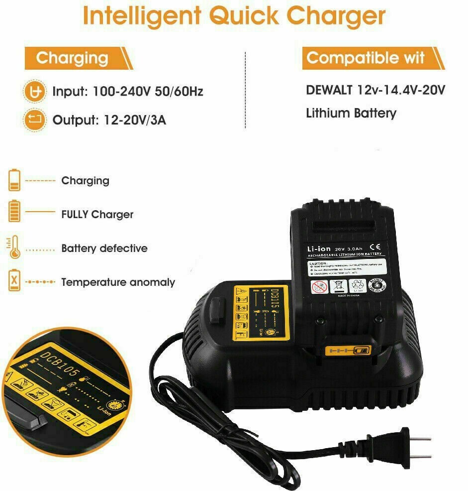 2X Replacement For DeWalt DCB206-2 20 Volt 6Amp Battery DCB105 Charger DCB206-2