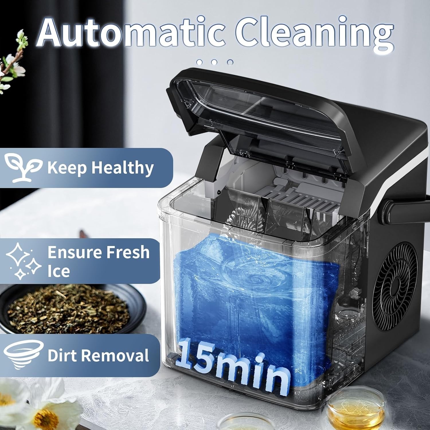 Ice Maker Countertop with Auto-Cleaning, 26Lbs/24Hrs, 9 Cubes in 6 Mins