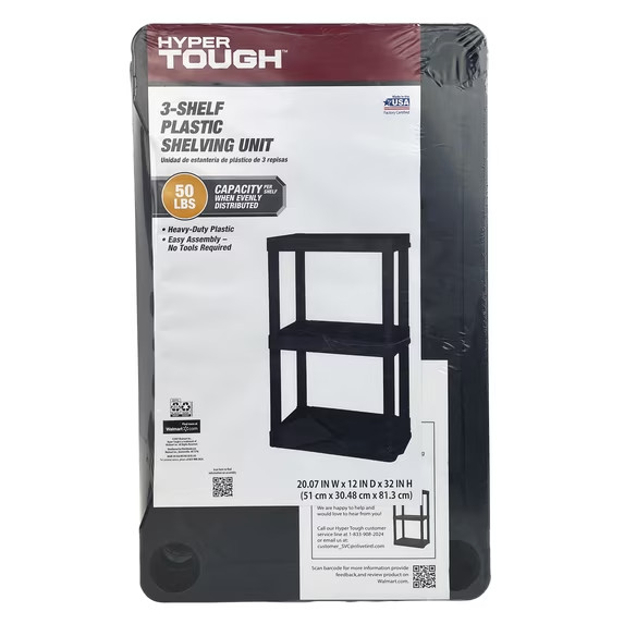 Hyper Tough 3 Shelf Plastic Shelving Unit 12″ (D) x 20.07″ (W) x 32″ (H), Black