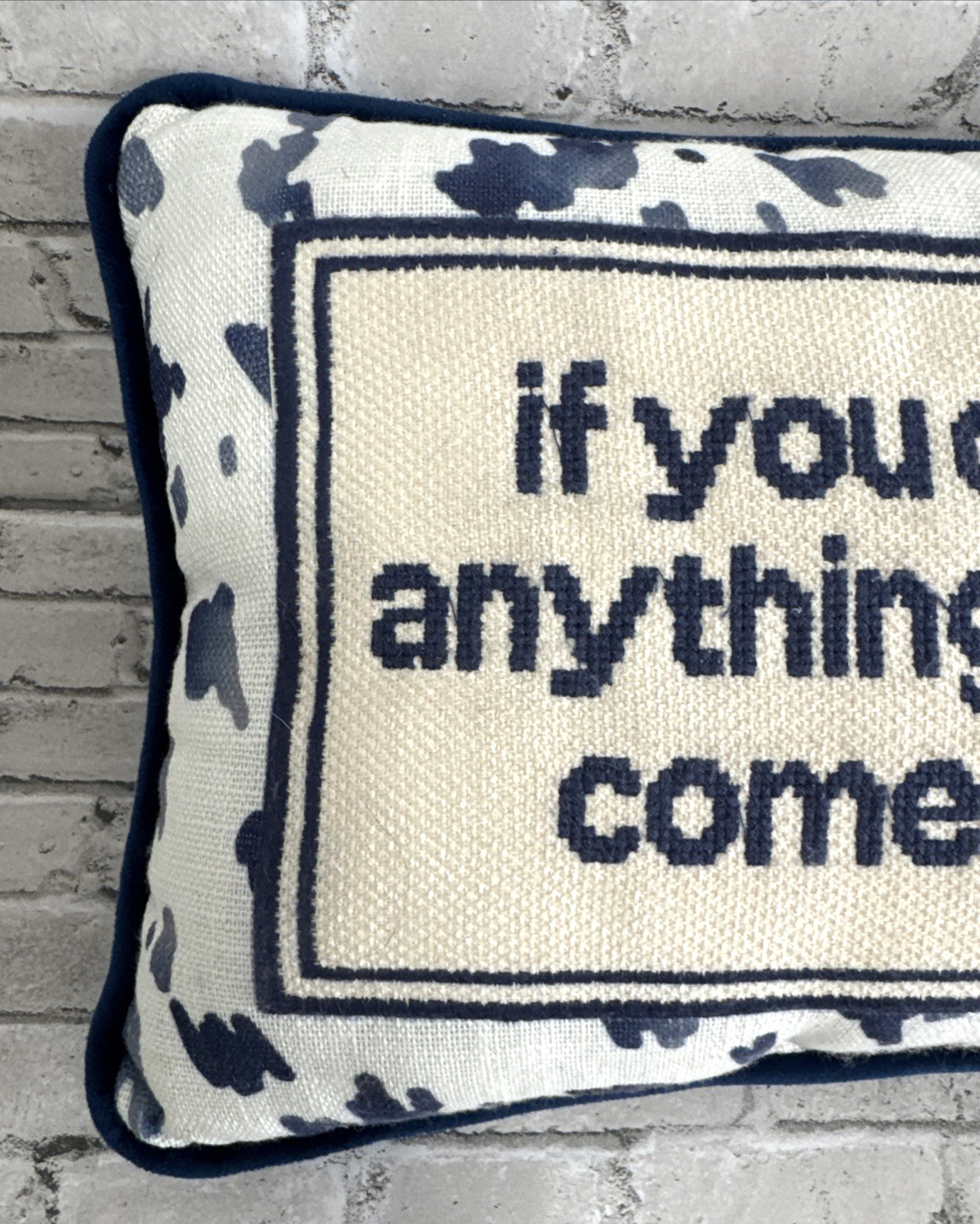 Needlepoint Decorative Throw Pillow Rectangular Blue Ivory COME SET BY ME