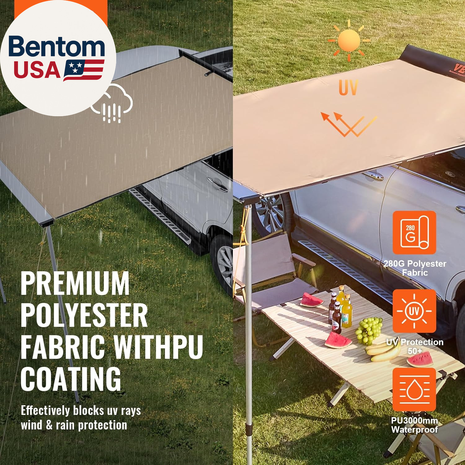 Vehicle Awning 4.6’X6.6′ Roof Rack Pull-Out Sun Shade UV50+ Pu3000Mm, Retractabl