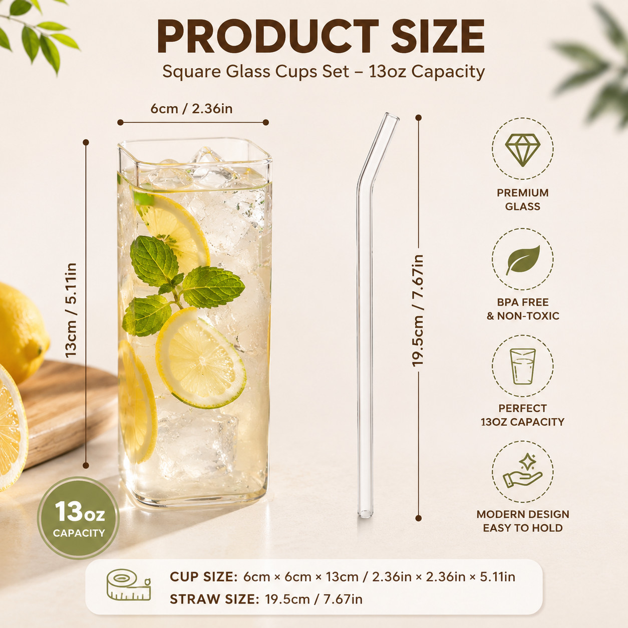 6 Pack 13oz Square Drinking Glasses with Lids and Bent Glass Straws, Reusable Gl