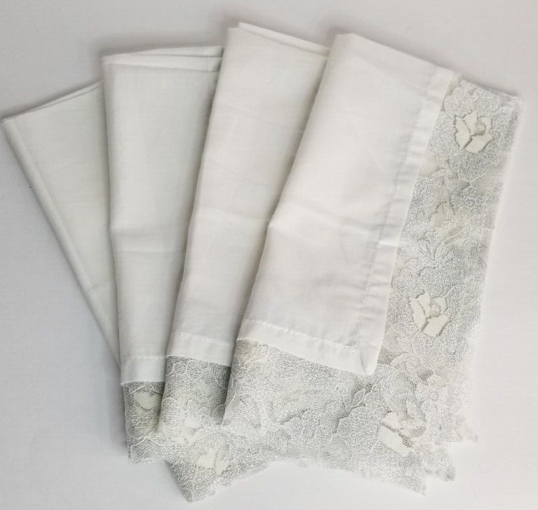 Pier 1 Fabric Napkins Silver Metallic Lace 20″ X 20″ Square Any Occasion 4 Count