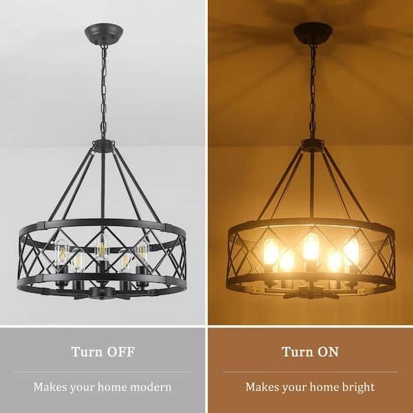 ADSENSTY 5-Light 20.07 in. Black Farmhouse Geometric Drum Chandelier Light